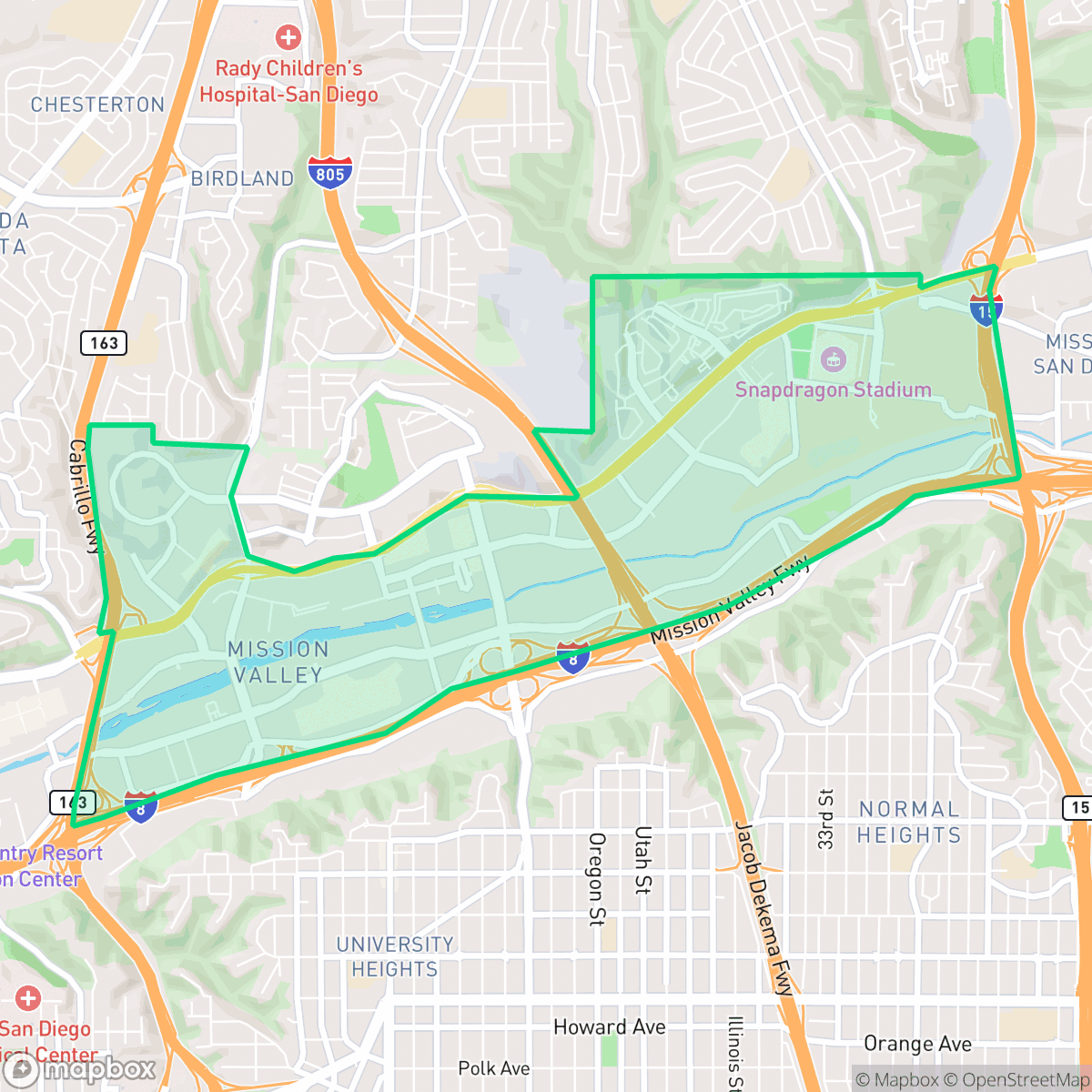 Map showing the location of Mission Valley East, San Diego, CA