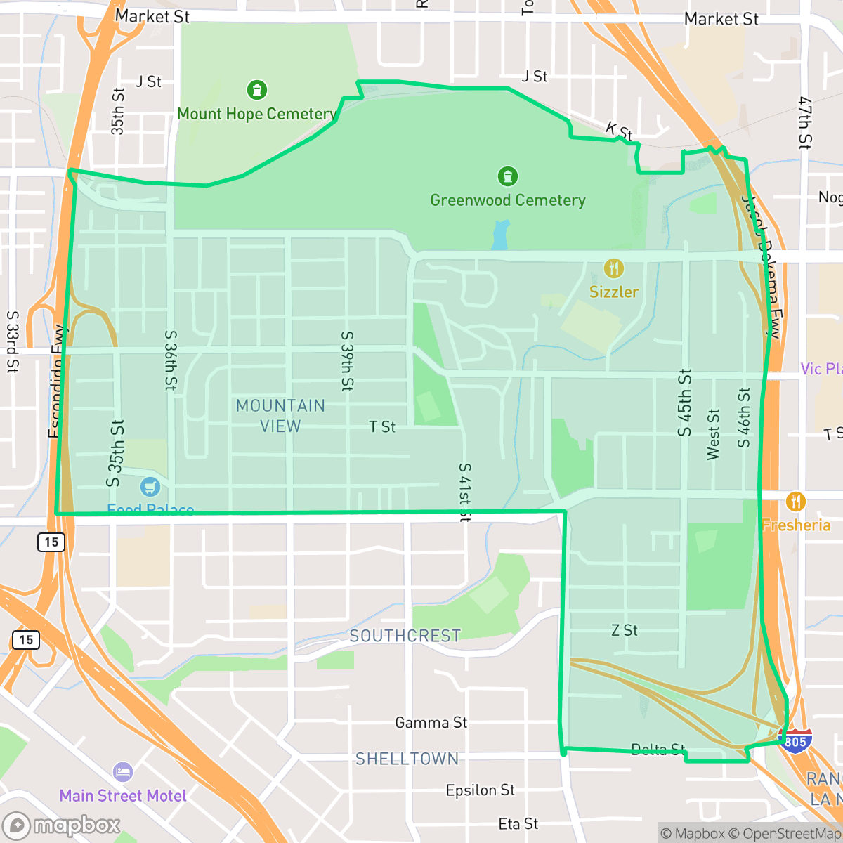 Map showing the location of Mountain View, San Diego, CA