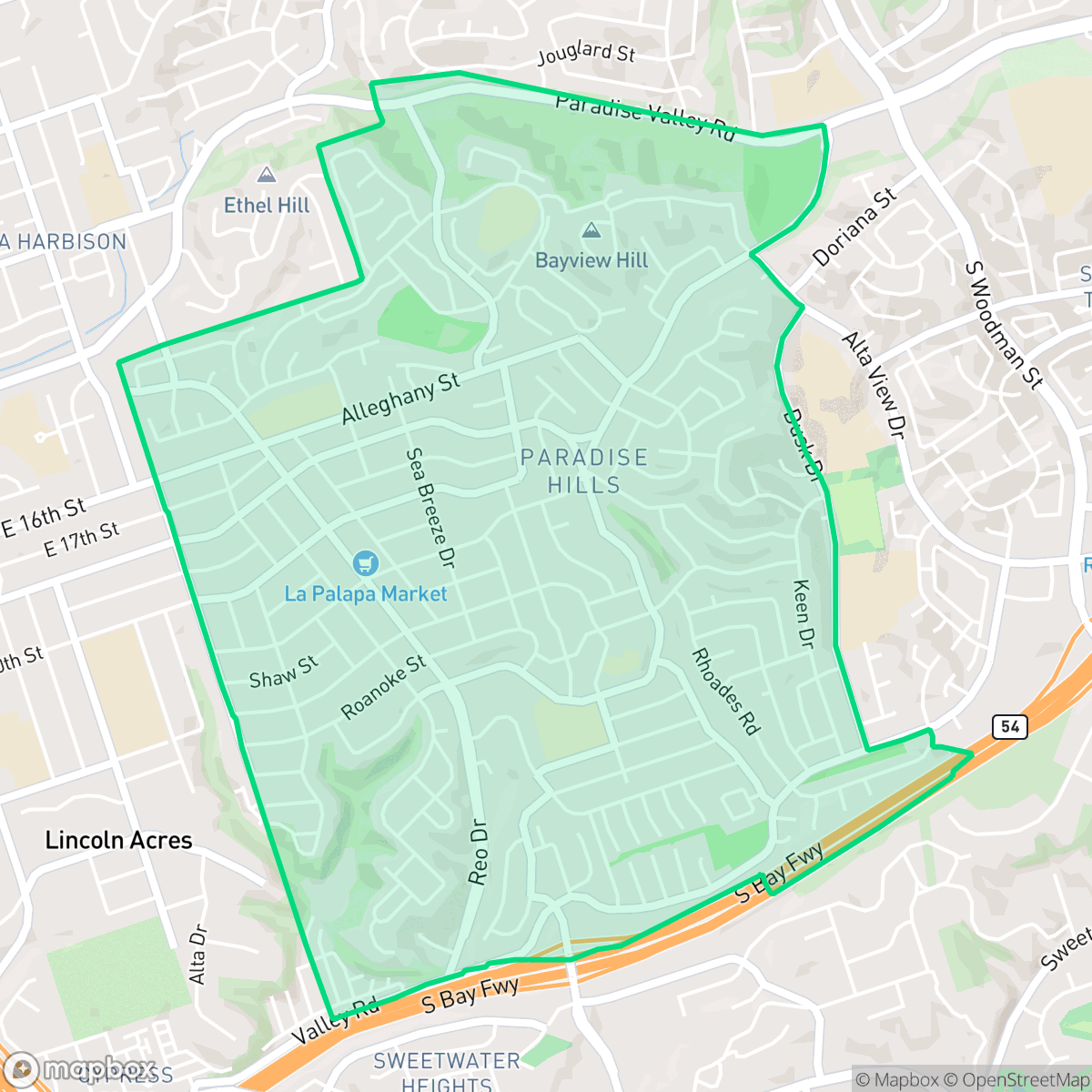 Map showing the location of Paradise Hills, San Diego, CA