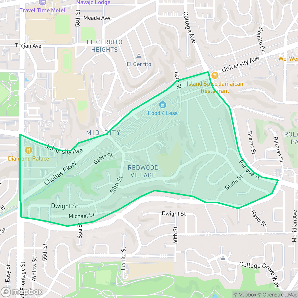 Map showing the location of Redwood Village, San Diego, CA