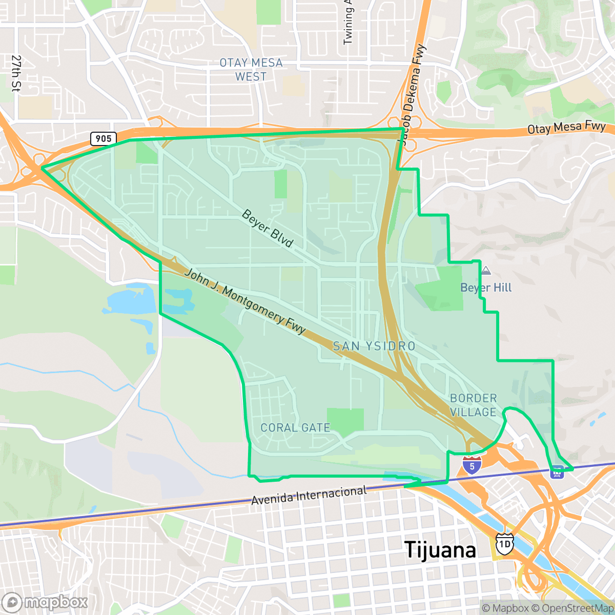 Map showing the location of San Ysidro, San Diego, CA