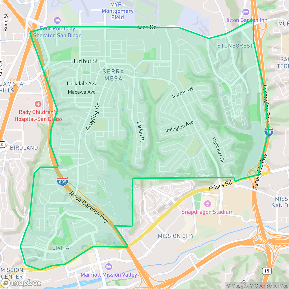 Map showing the location of Serra Mesa, San Diego, CA
