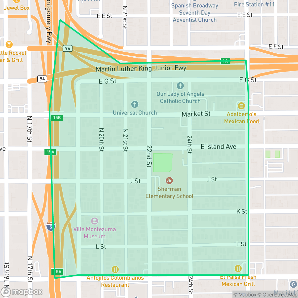 Map showing the location of Sherman Heights, San Diego, CA