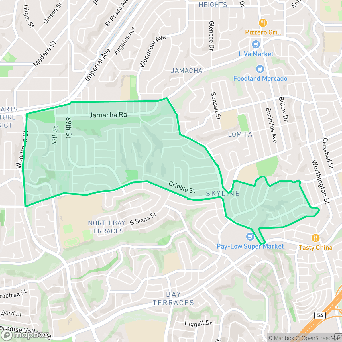 Map showing the location of Skyline, San Diego, CA
