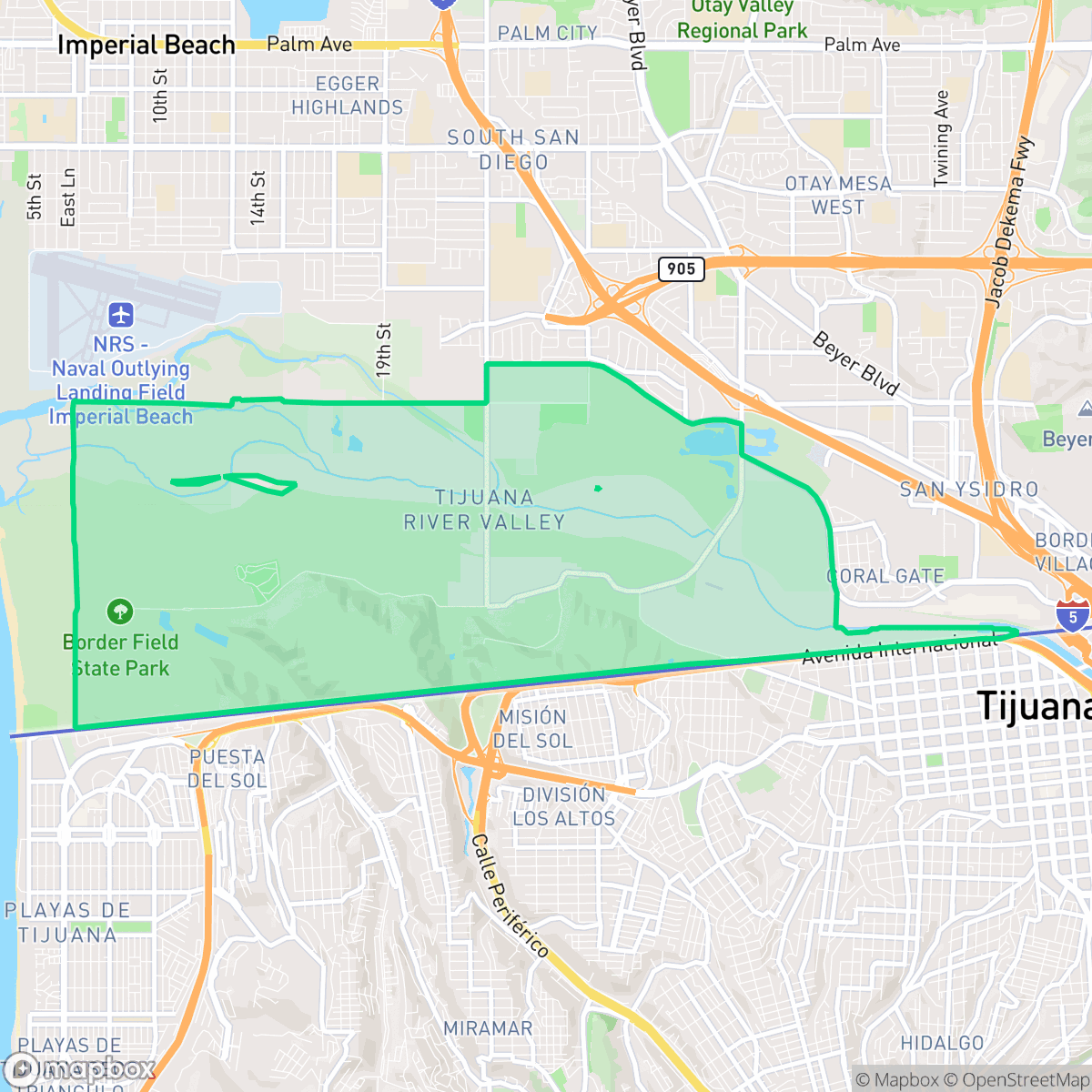 Map showing the location of Tijuana River Valley, San Diego, CA