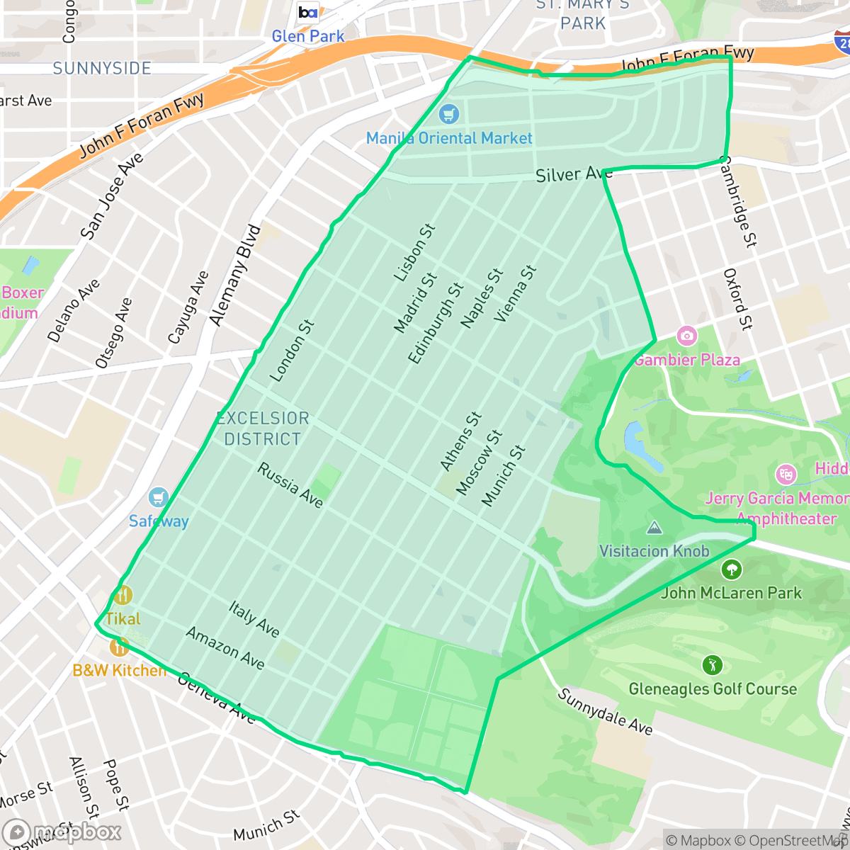 Map showing the location of Excelsior, San Francisco, CA