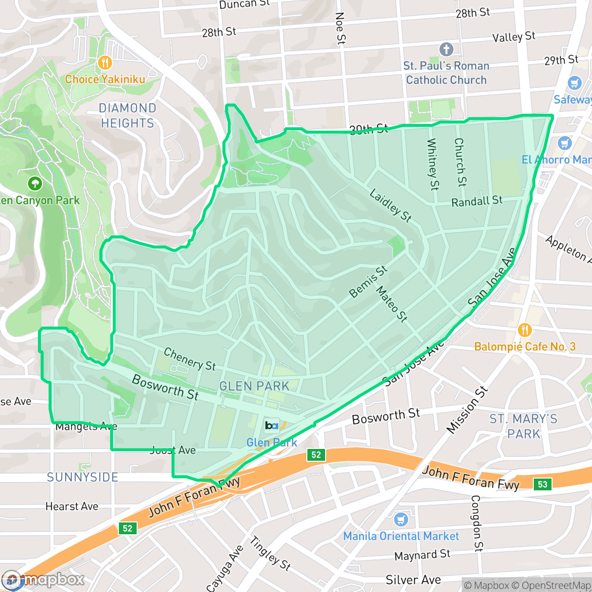 Map showing the location of Glen Park, San Francisco, CA