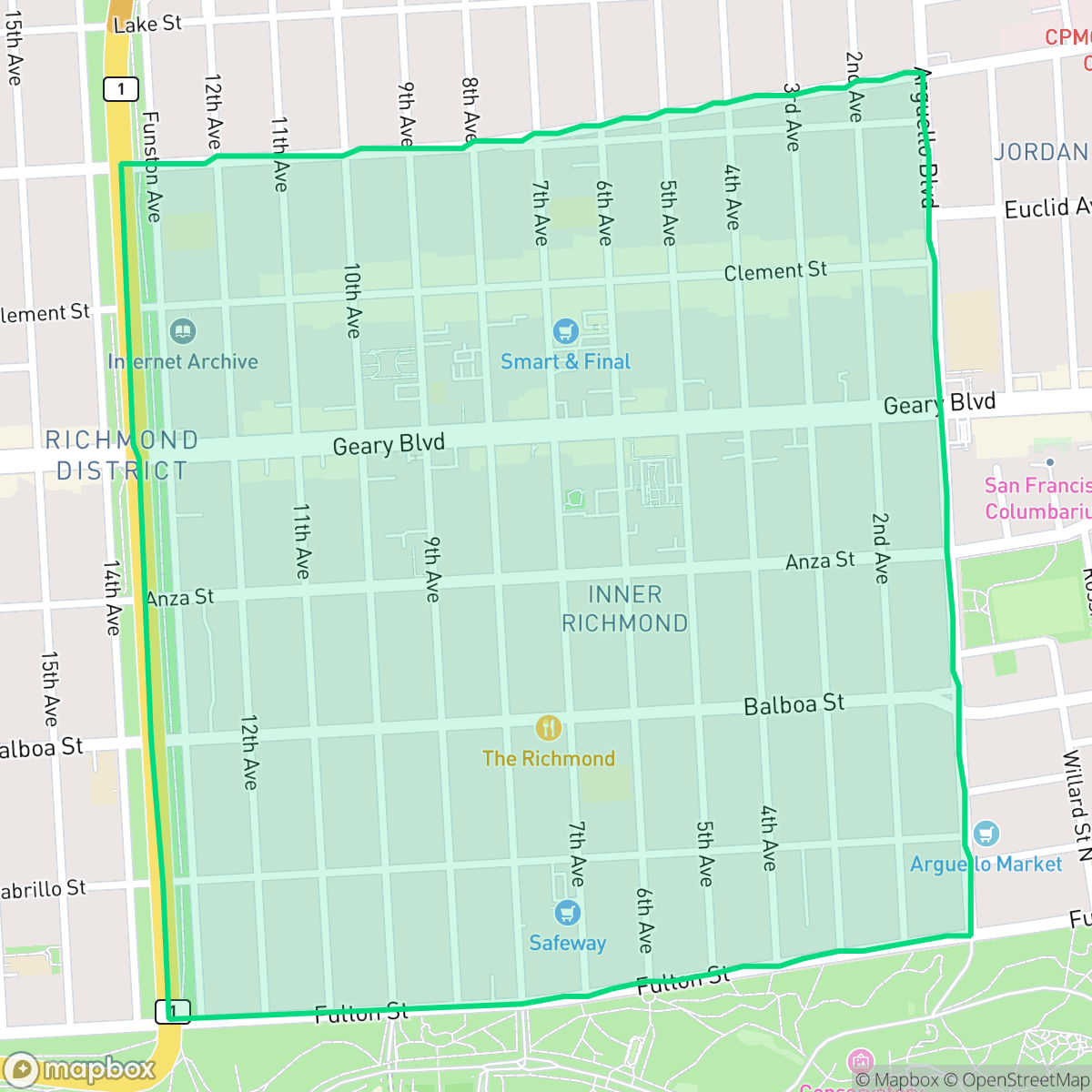 Map showing the location of Inner Richmond, San Francisco, CA