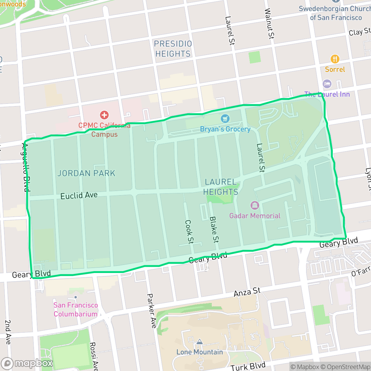Map showing the location of Jordan Park - Laurel Heights, San Francisco, CA