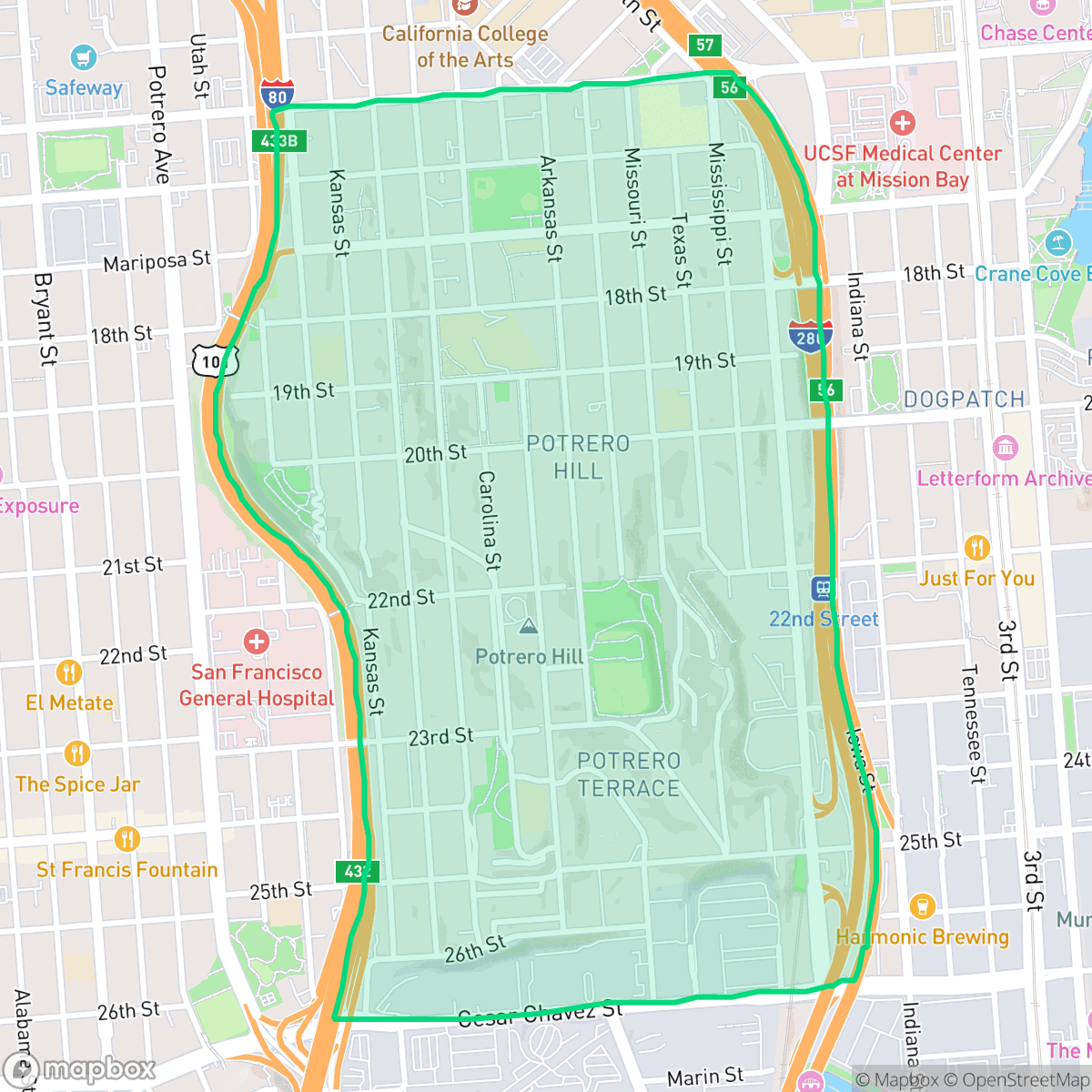 Map showing the location of Potrero Hill, San Francisco, CA