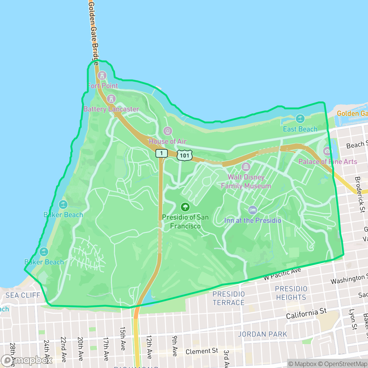 Map showing the location of Presidio, San Francisco, CA