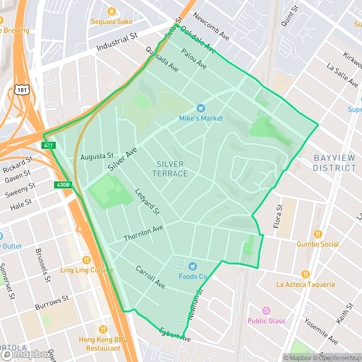 Map showing the location of Silver Terrace, San Francisco, CA