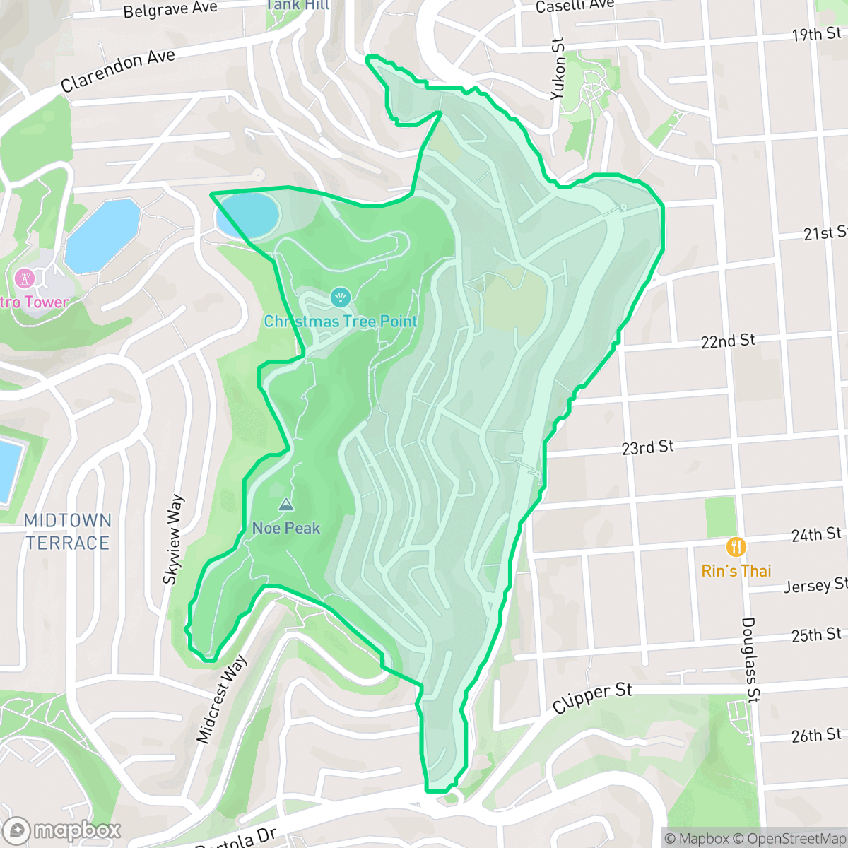 Map showing the location of Twin Peaks, San Francisco, CA