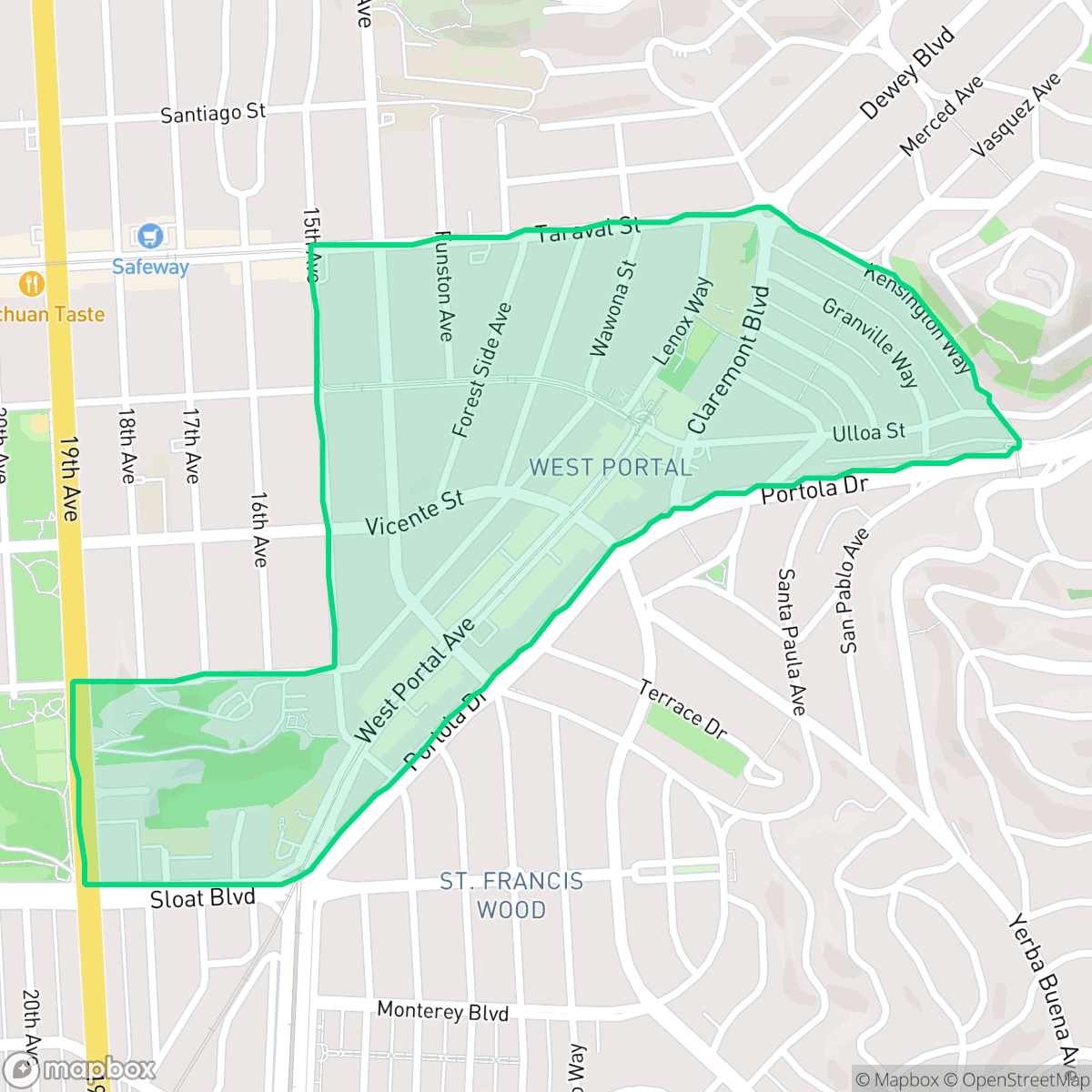 Map showing the location of West Portal, San Francisco, CA