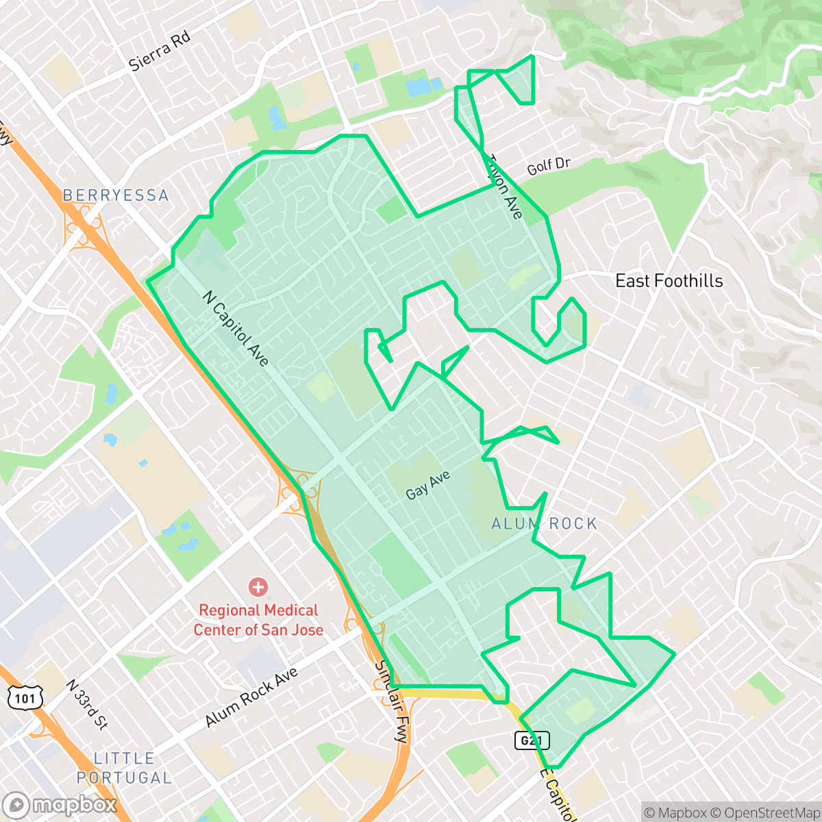 Map showing the location of Alum Rock-East Foothills, San Jose, CA
