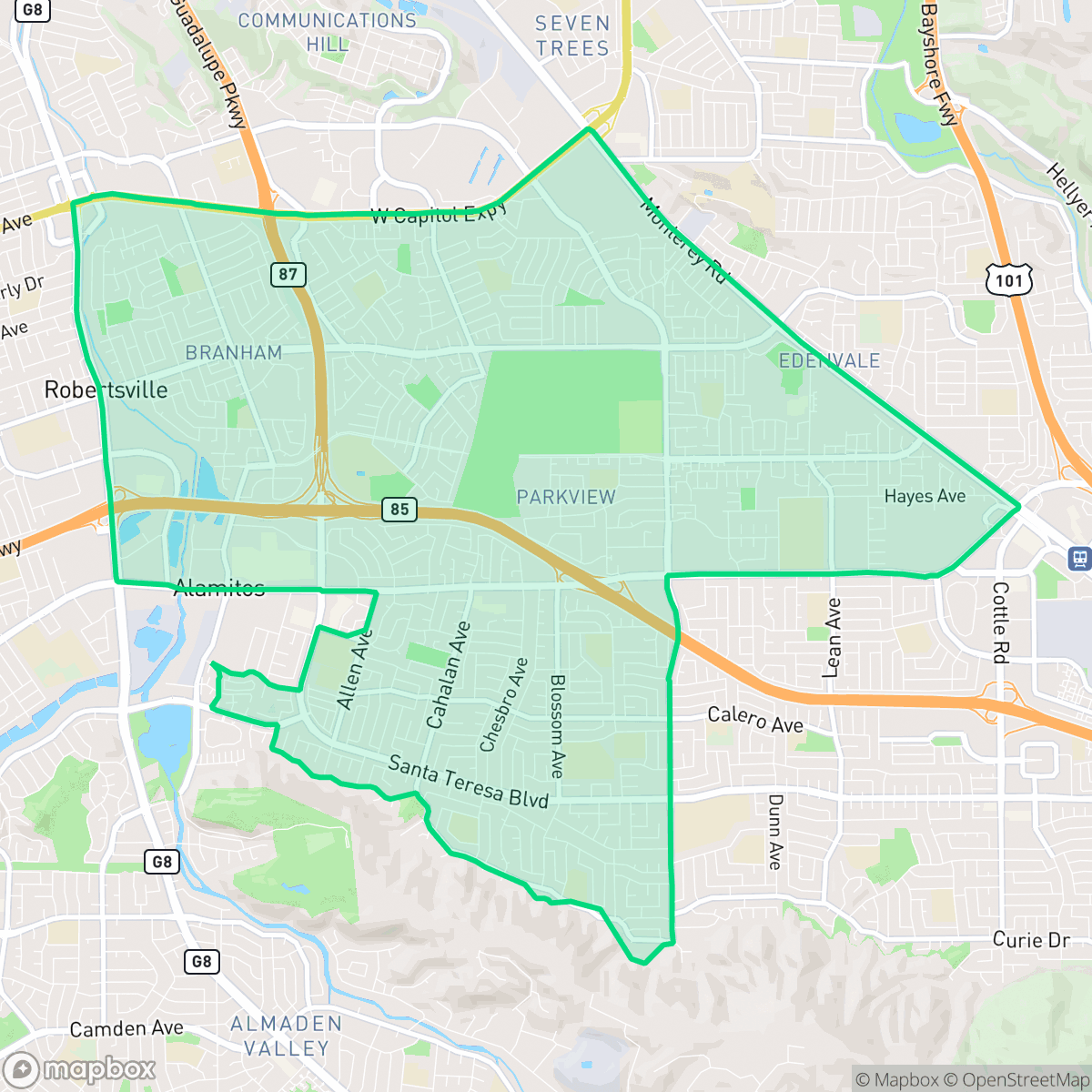 Map showing the location of Blossom Valley, San Jose, CA