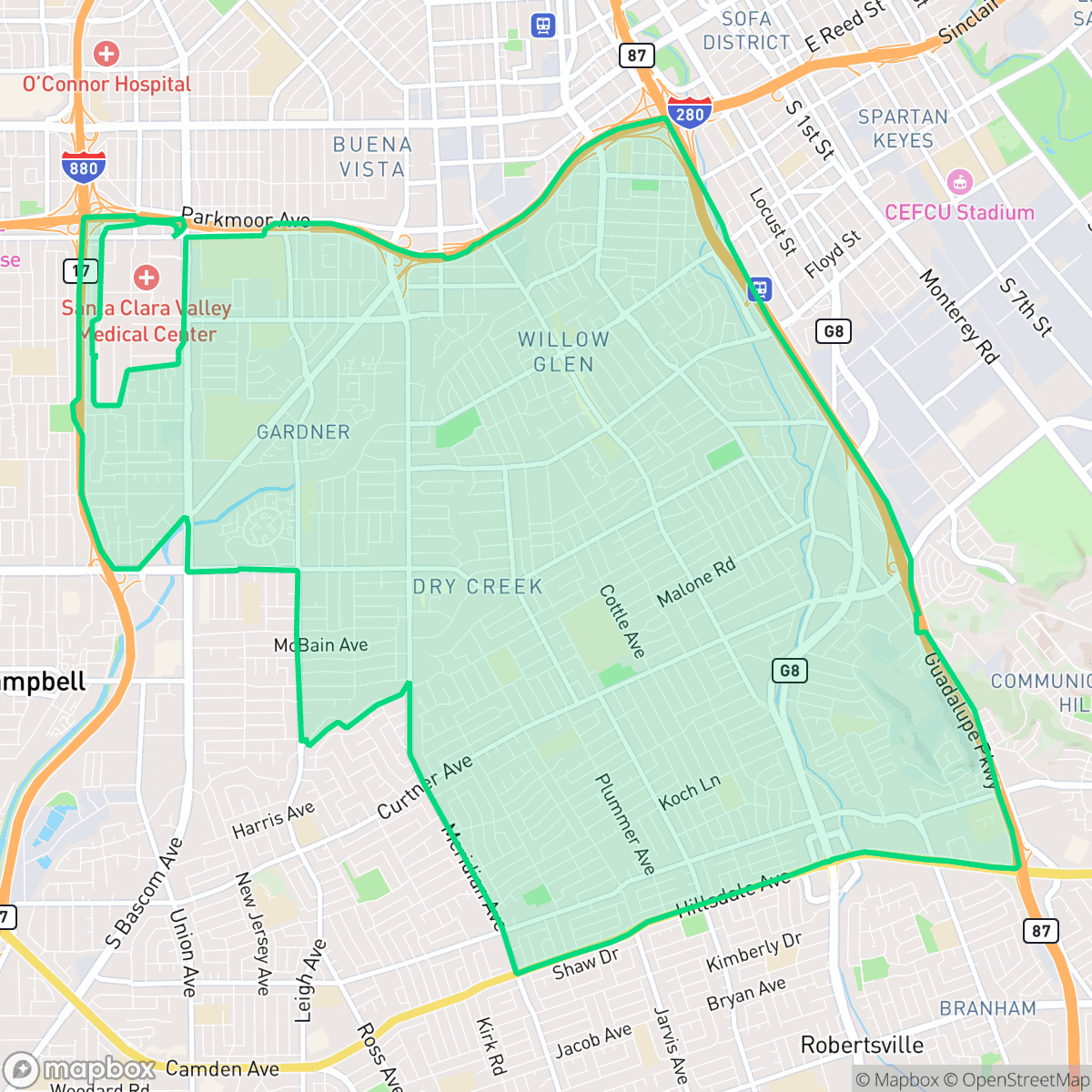Map showing the location of Willow Glen, San Jose, CA