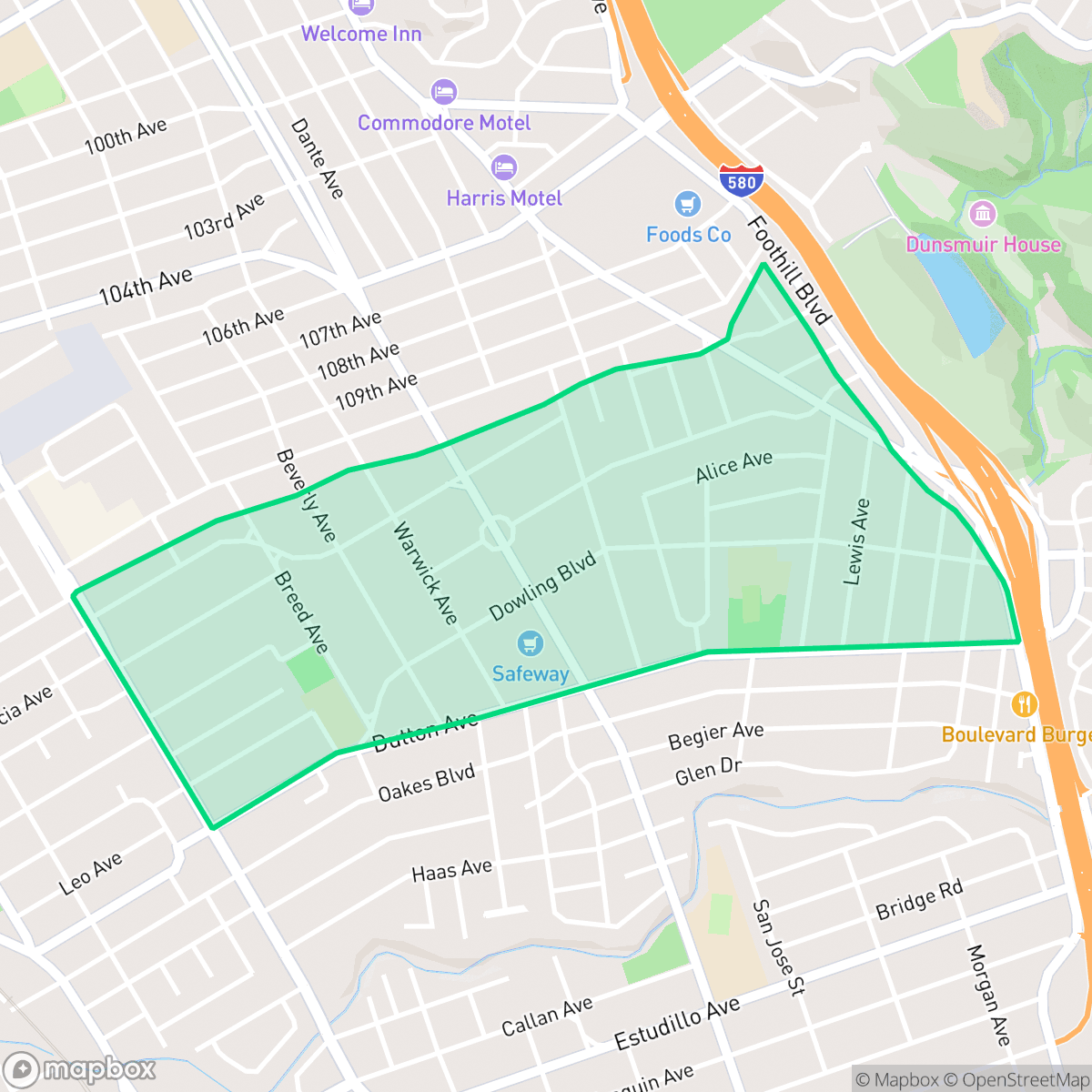 Map showing the location of Broadmoor, San Leandro, CA