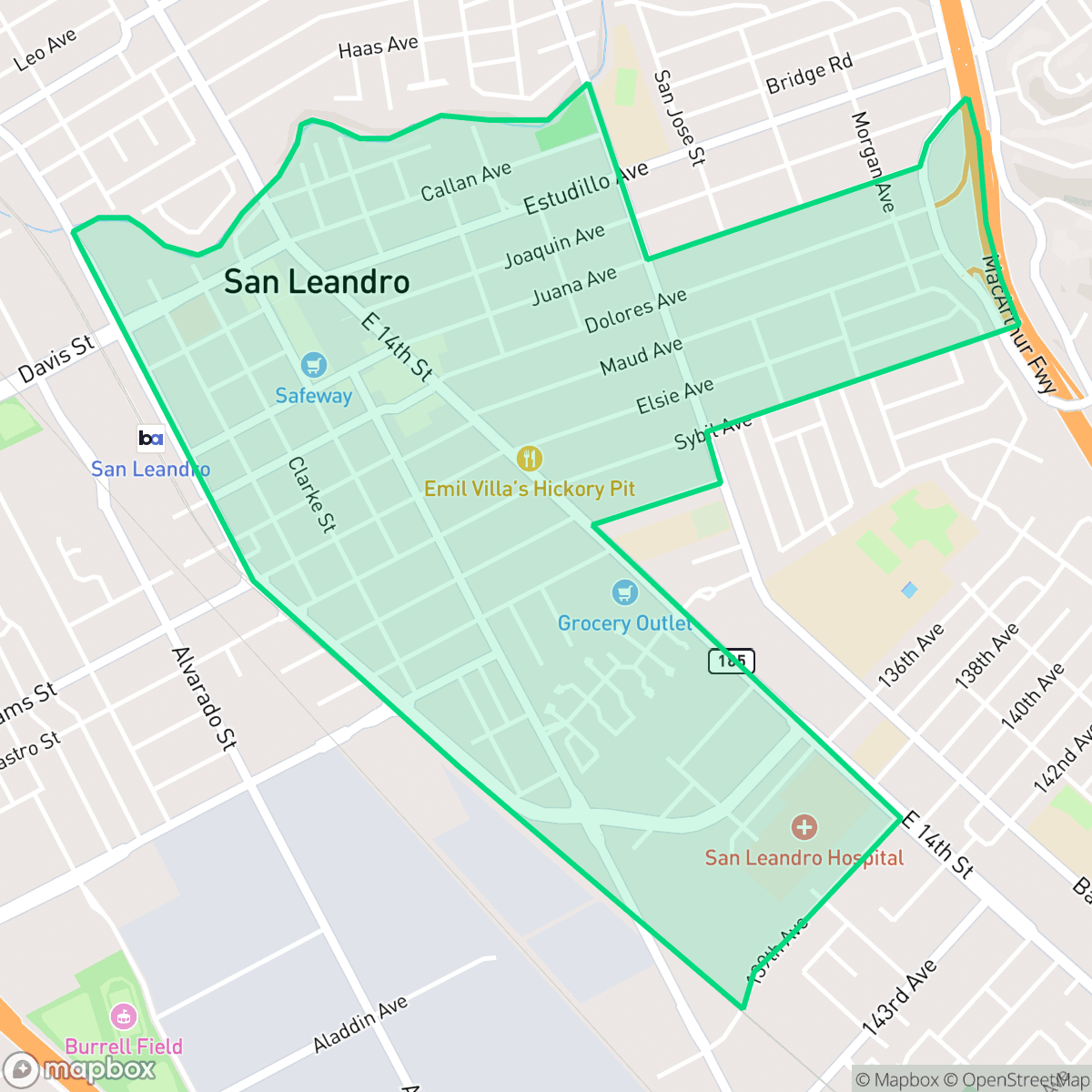 Map showing the location of Downtown, San Leandro, CA