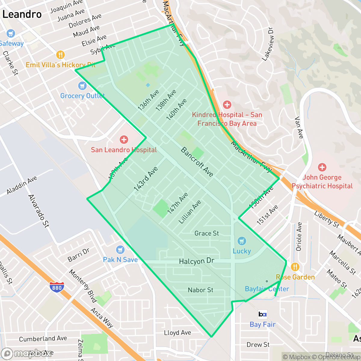 Map showing the location of Halcyon Foothill, San Leandro, CA