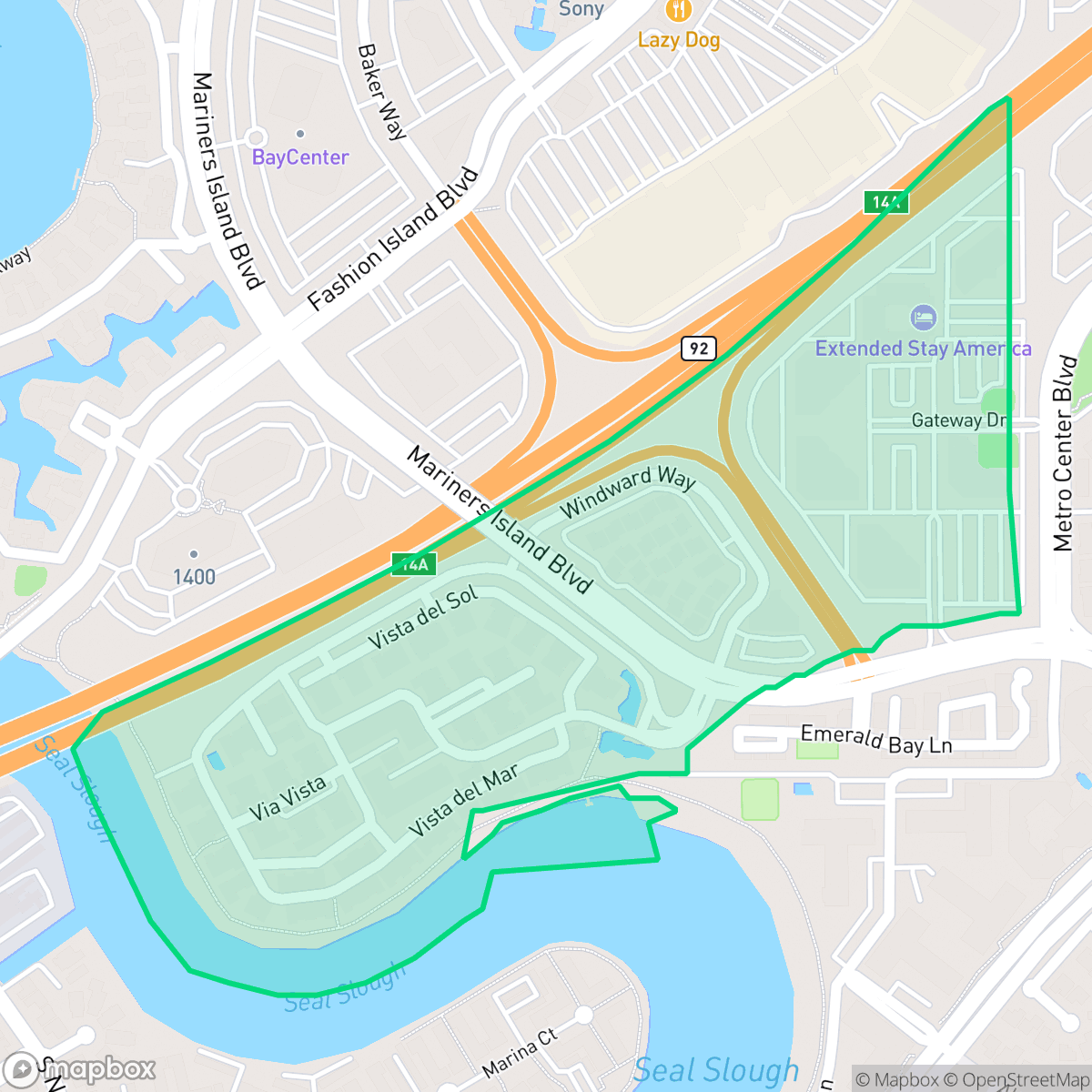 Map showing the location of Edgewater Isle, San Mateo, CA