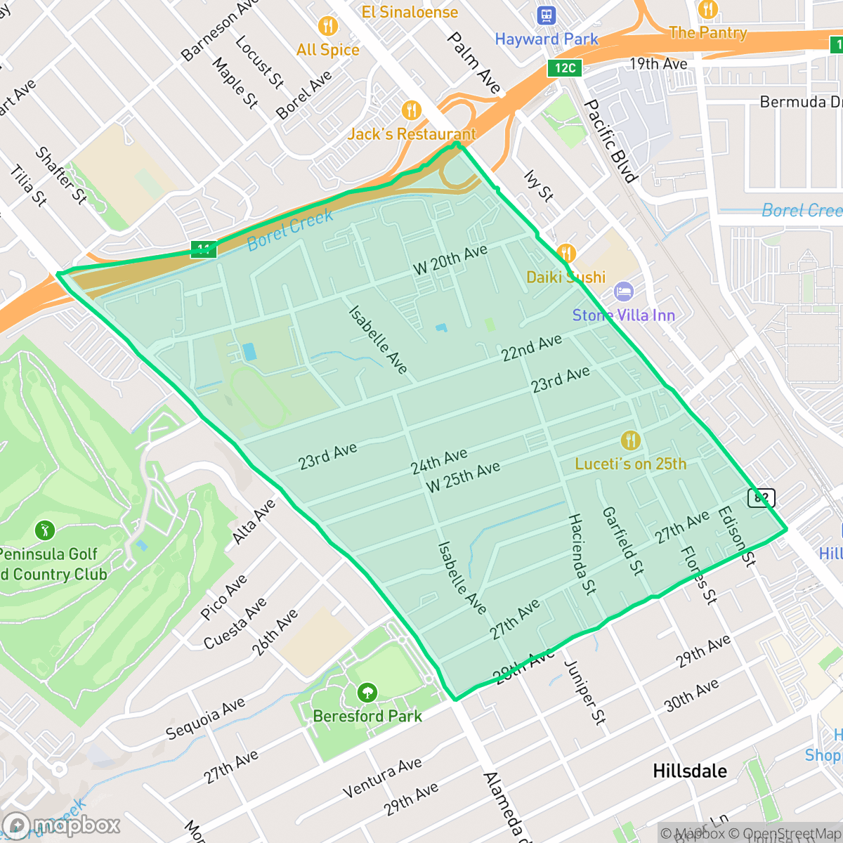 Map showing the location of Twenty-Fifth Ave, San Mateo, CA