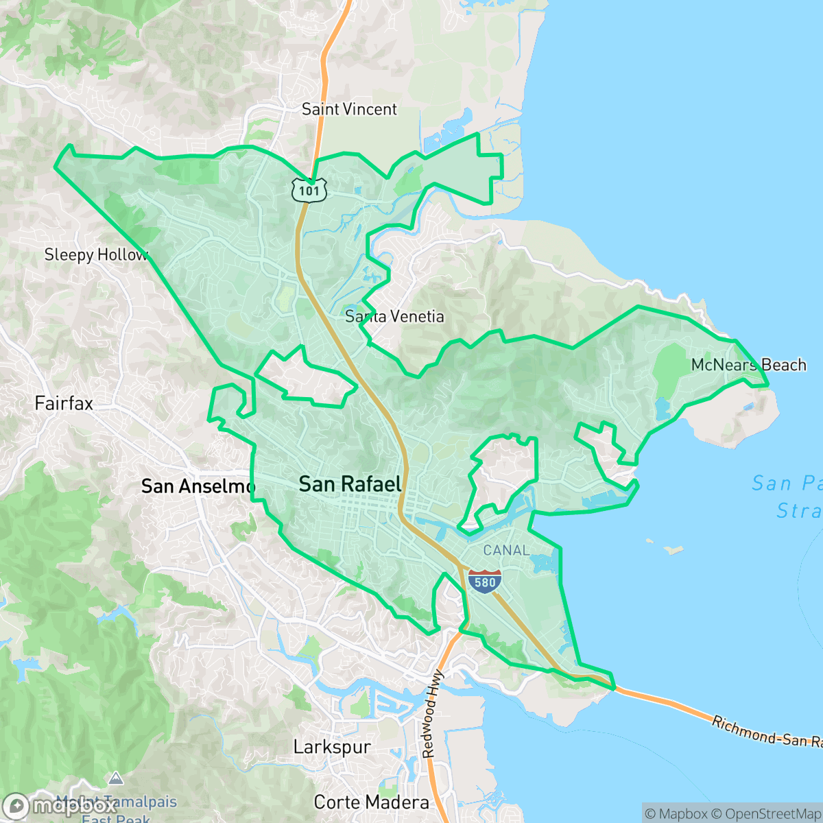 Map showing the location of San Rafael, CA — coverage area