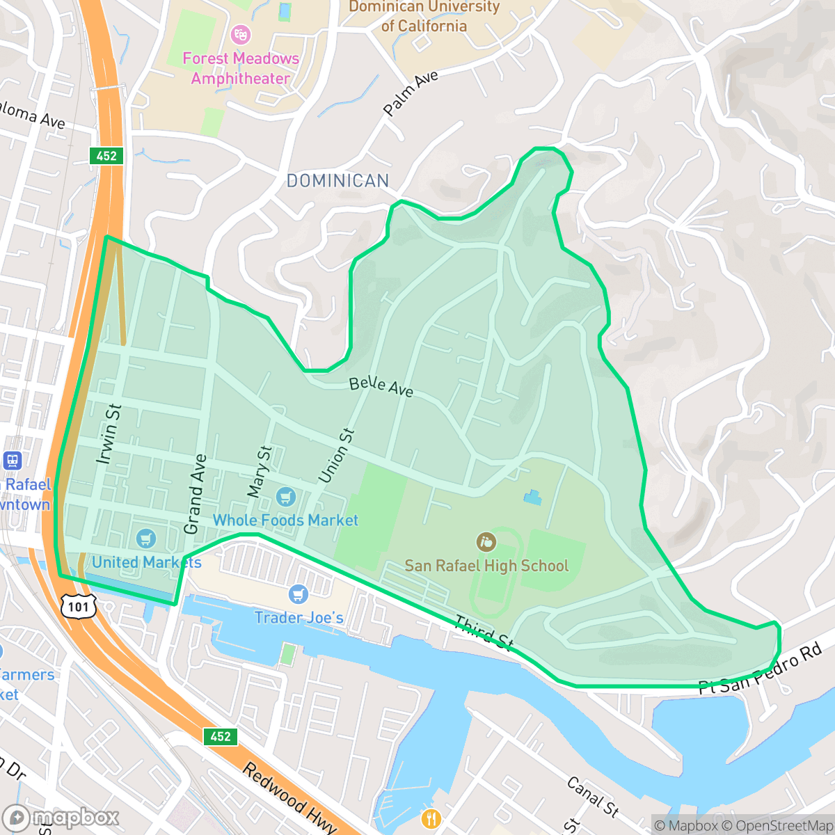 Map showing the location of Montecito/Happy Valley, San Rafael, CA