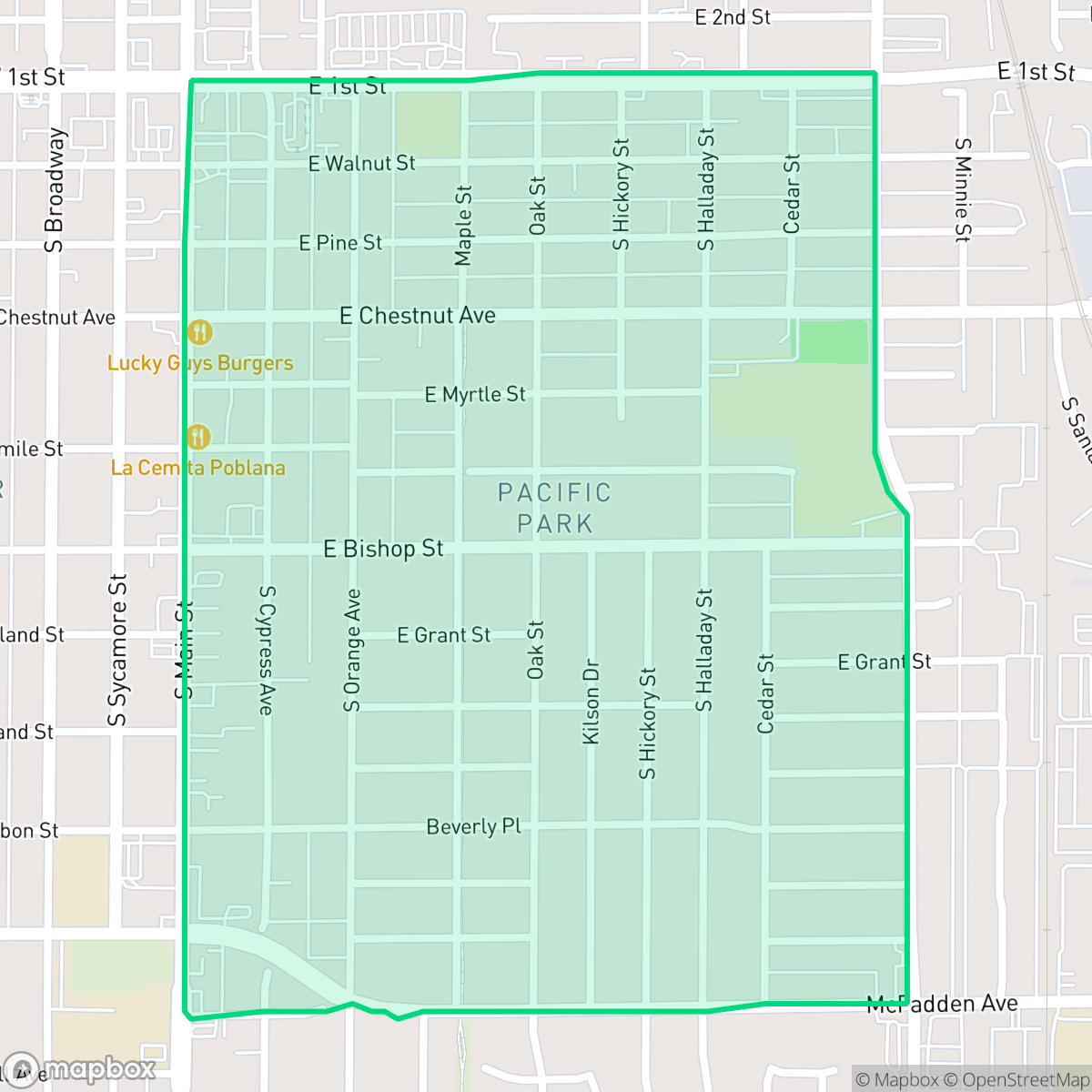 Map showing the location of Eastside, Santa Ana, CA