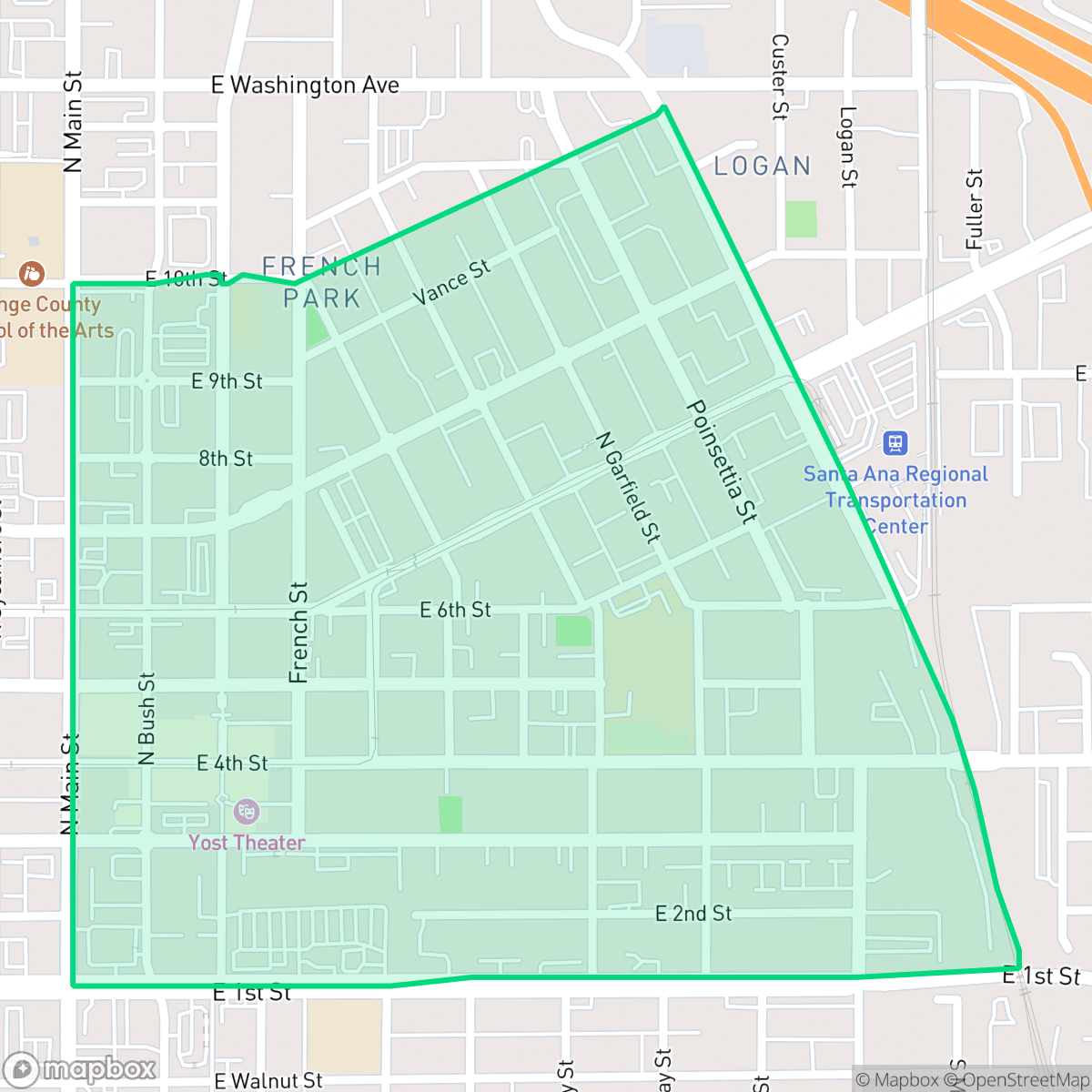 Map showing the location of Lacy, Santa Ana, CA