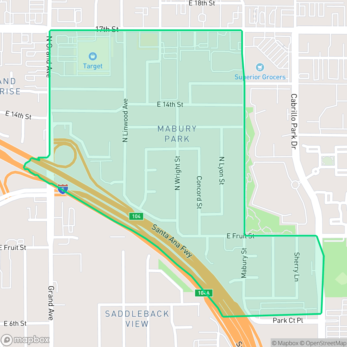 Map showing the location of Mabury Park, Santa Ana, CA
