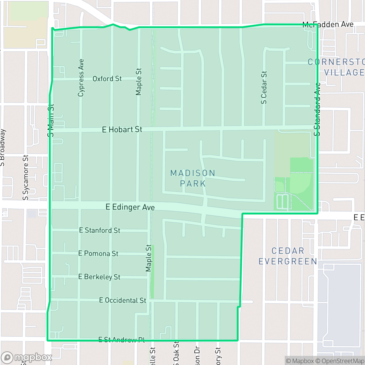 Map showing the location of Madison Park, Santa Ana, CA