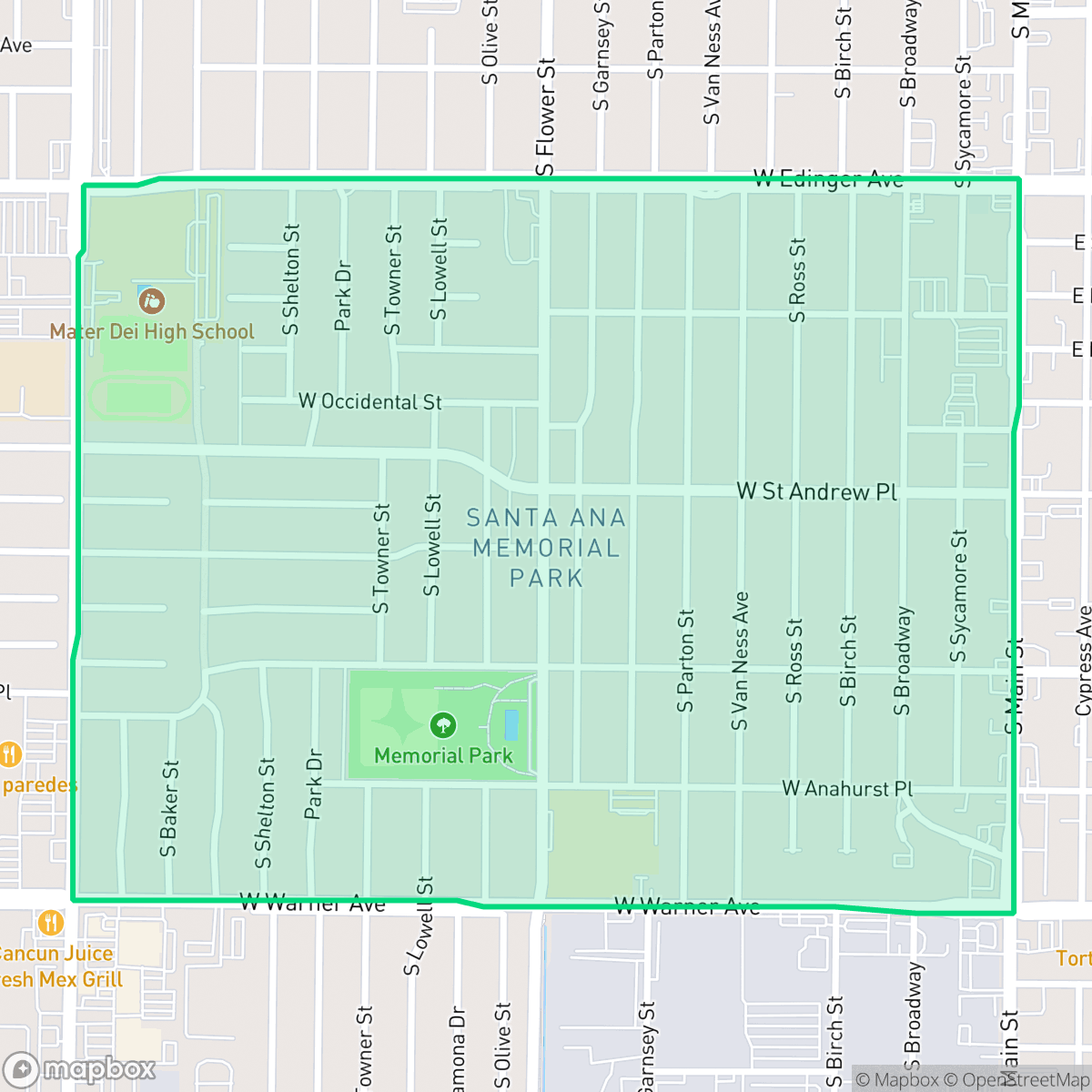 Map showing the location of Memorial Park, Santa Ana, CA