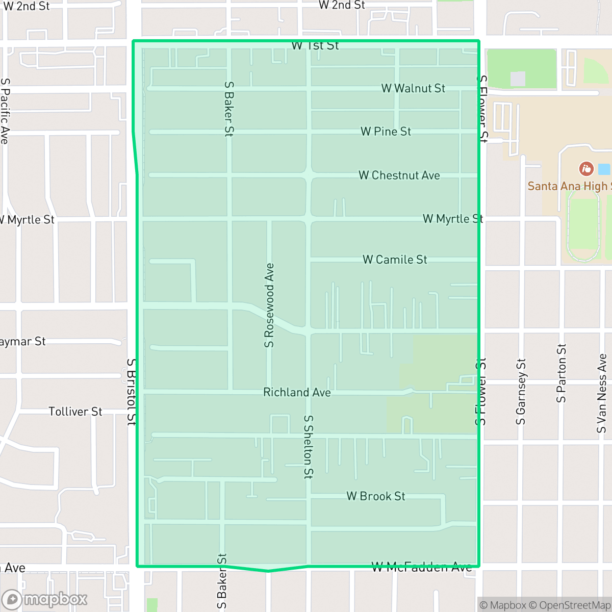 Map showing the location of Pico-Lowell, Santa Ana, CA