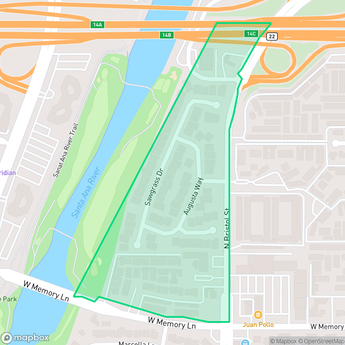Map showing the location of Riverglen, Santa Ana, CA