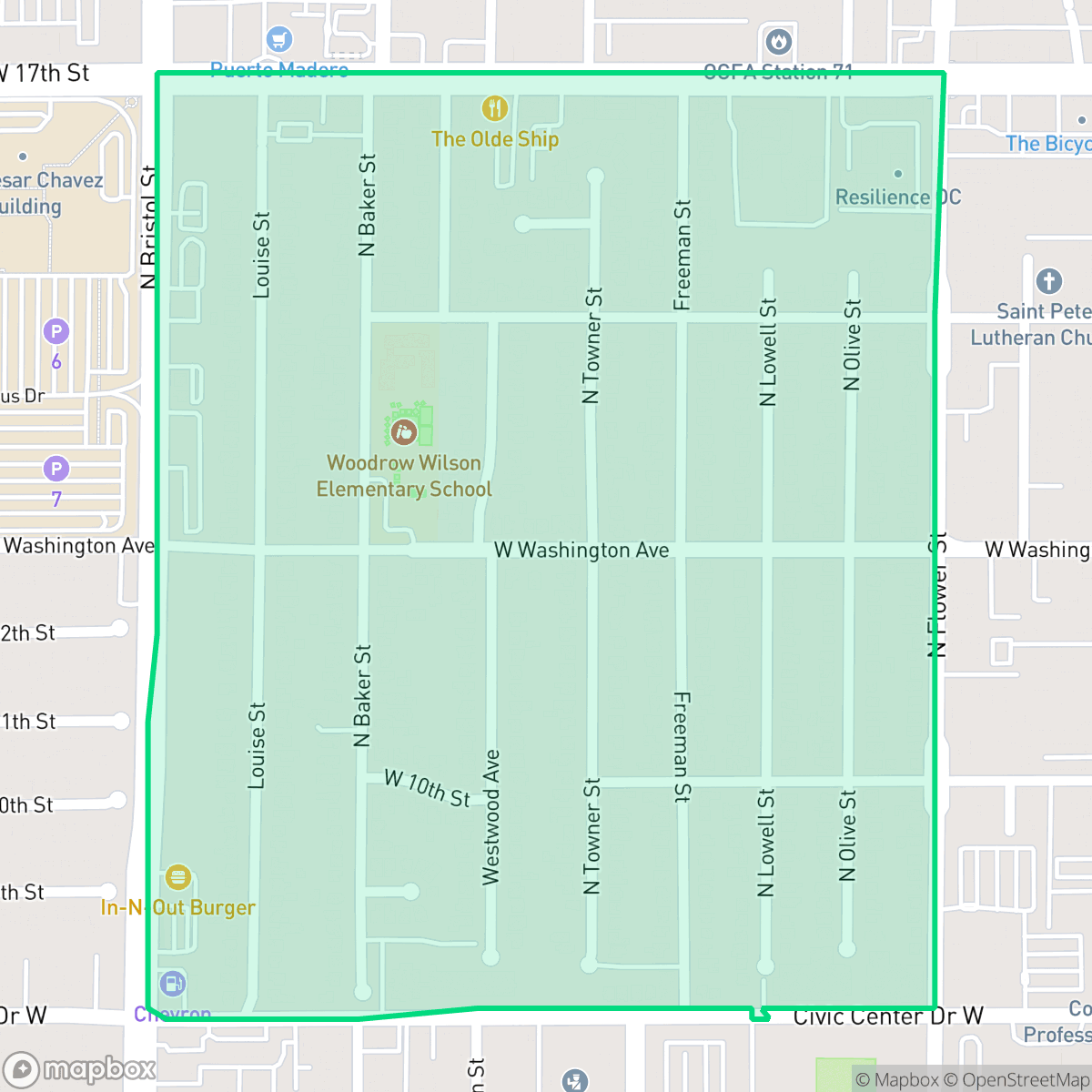 Map showing the location of Washington Square, Santa Ana, CA