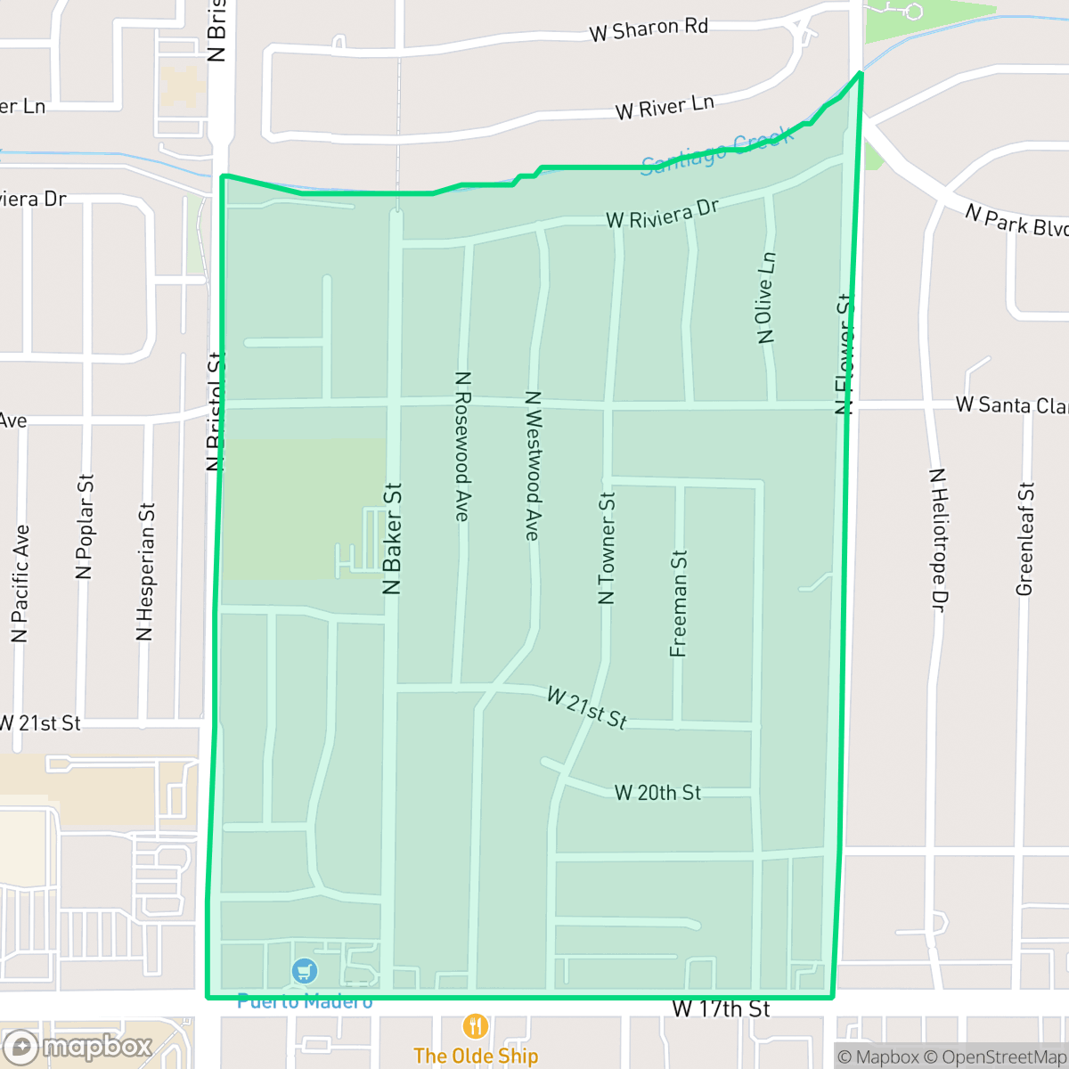 Map showing the location of West Floral Park, Santa Ana, CA