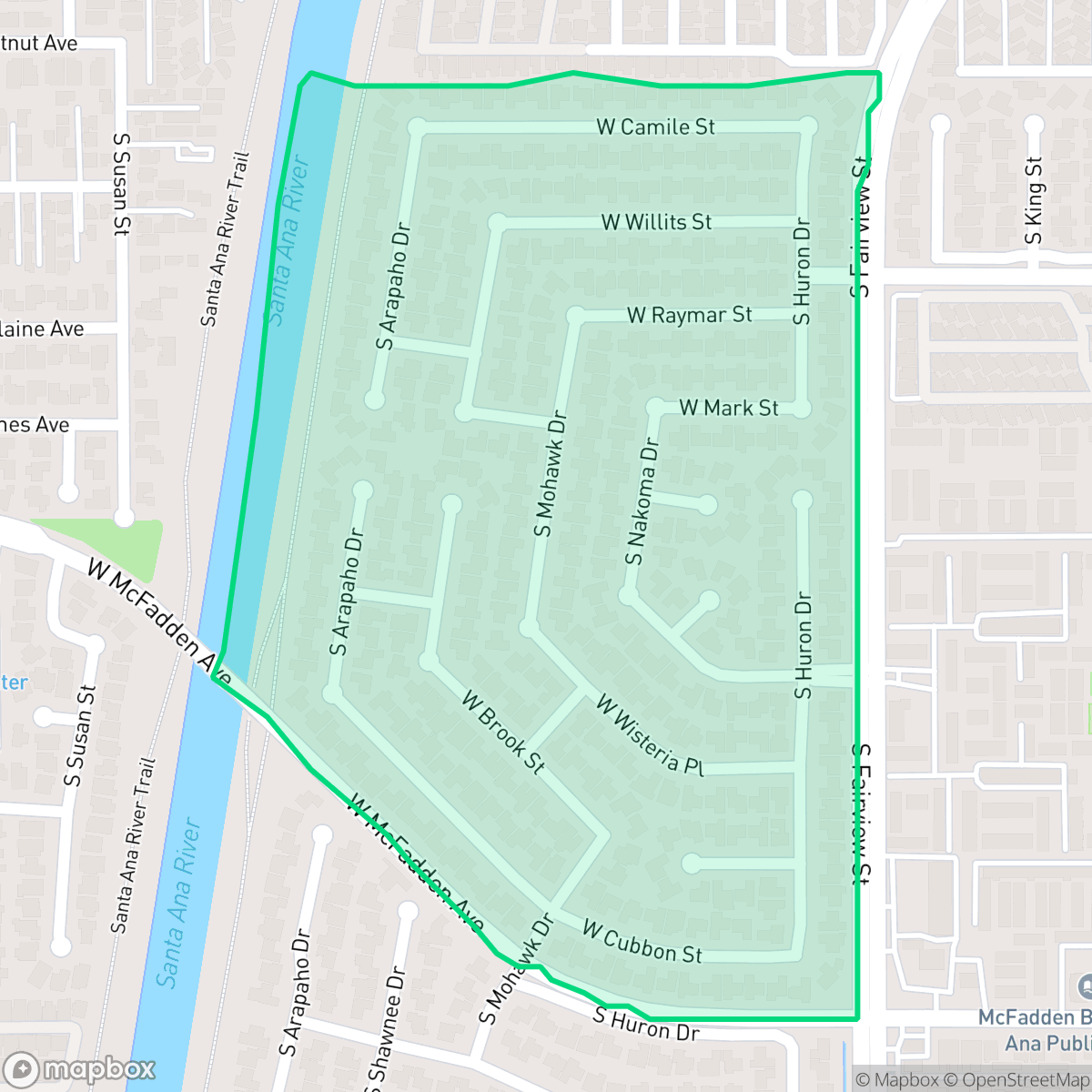 Map showing the location of Windsor Village North, Santa Ana, CA