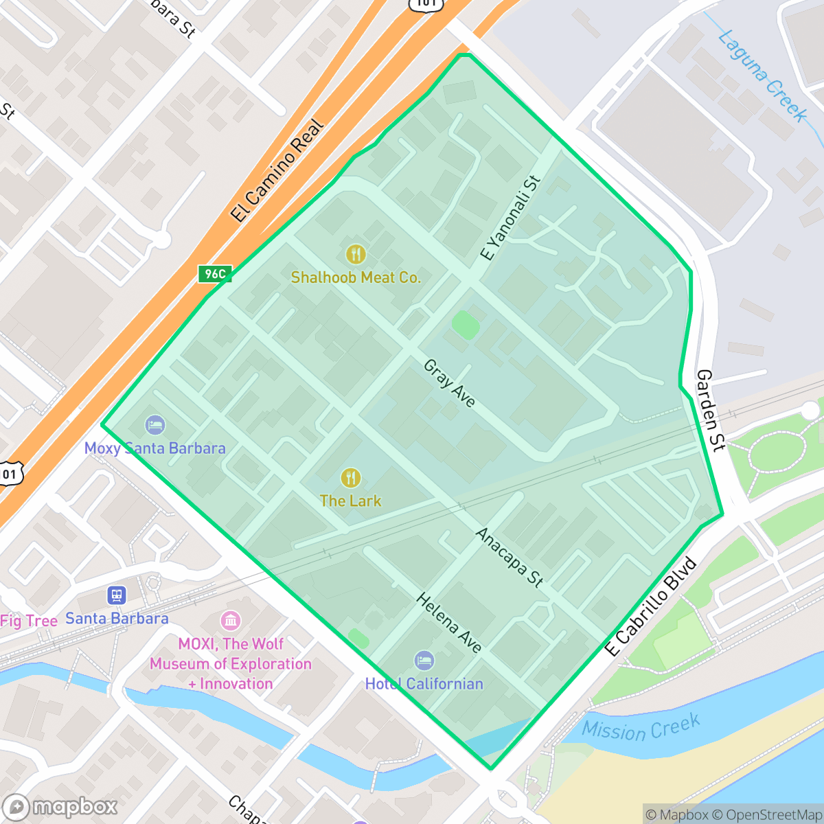 Map showing the location of Funk Zone, Santa Barbara, CA