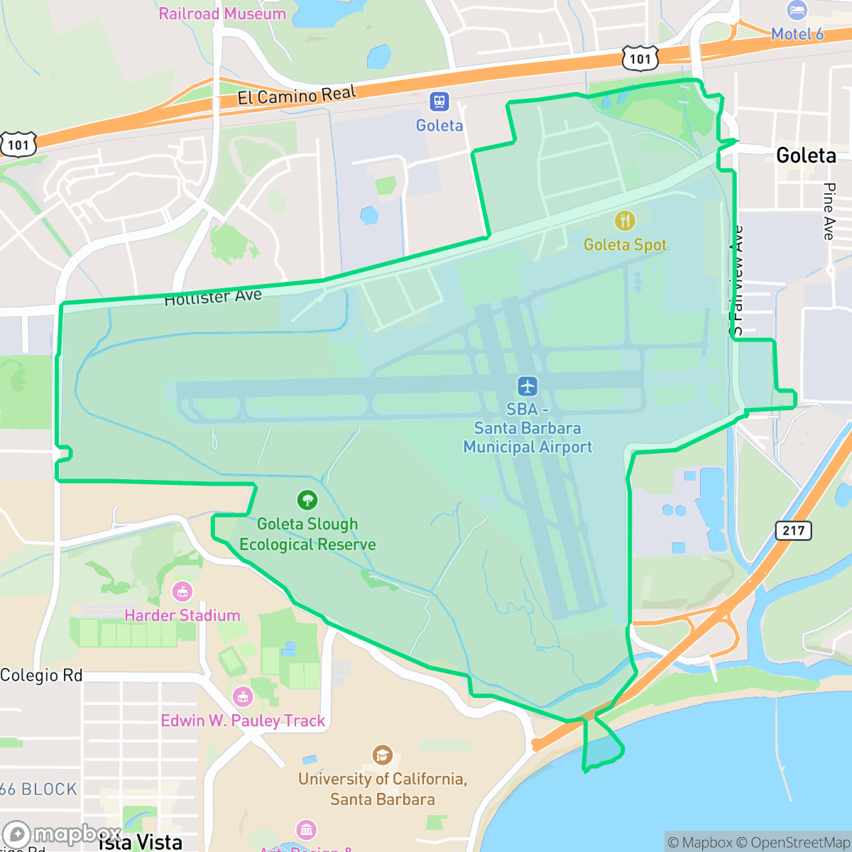Map showing the location of Santa Barbara Municipal Airport, Santa Barbara, CA