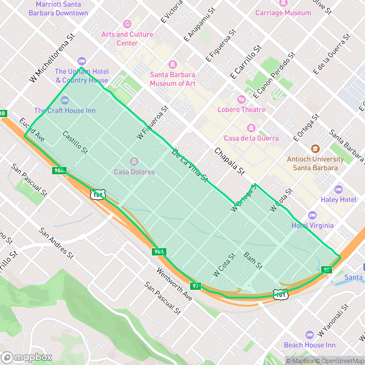 Map showing the location of West Downtown, Santa Barbara, CA