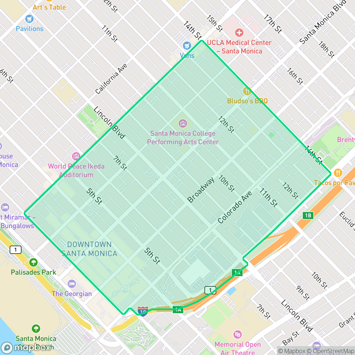 Map showing the location of Downtown/Third Street Promenade, Santa Monica, CA