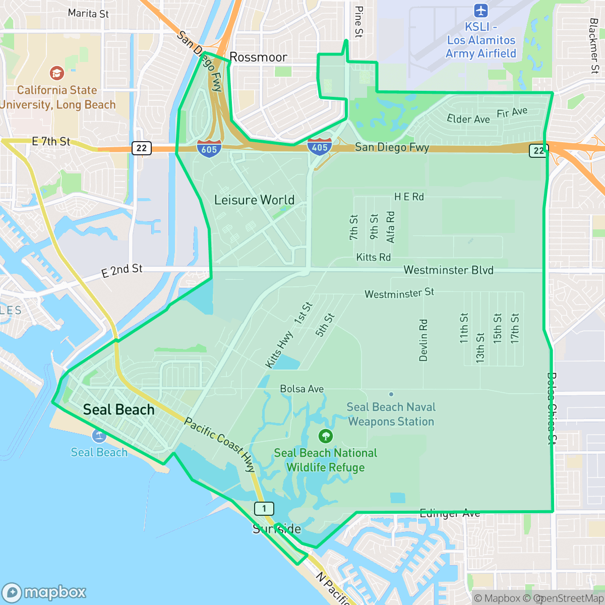 Map showing the location of Seal Beach, CA — coverage area