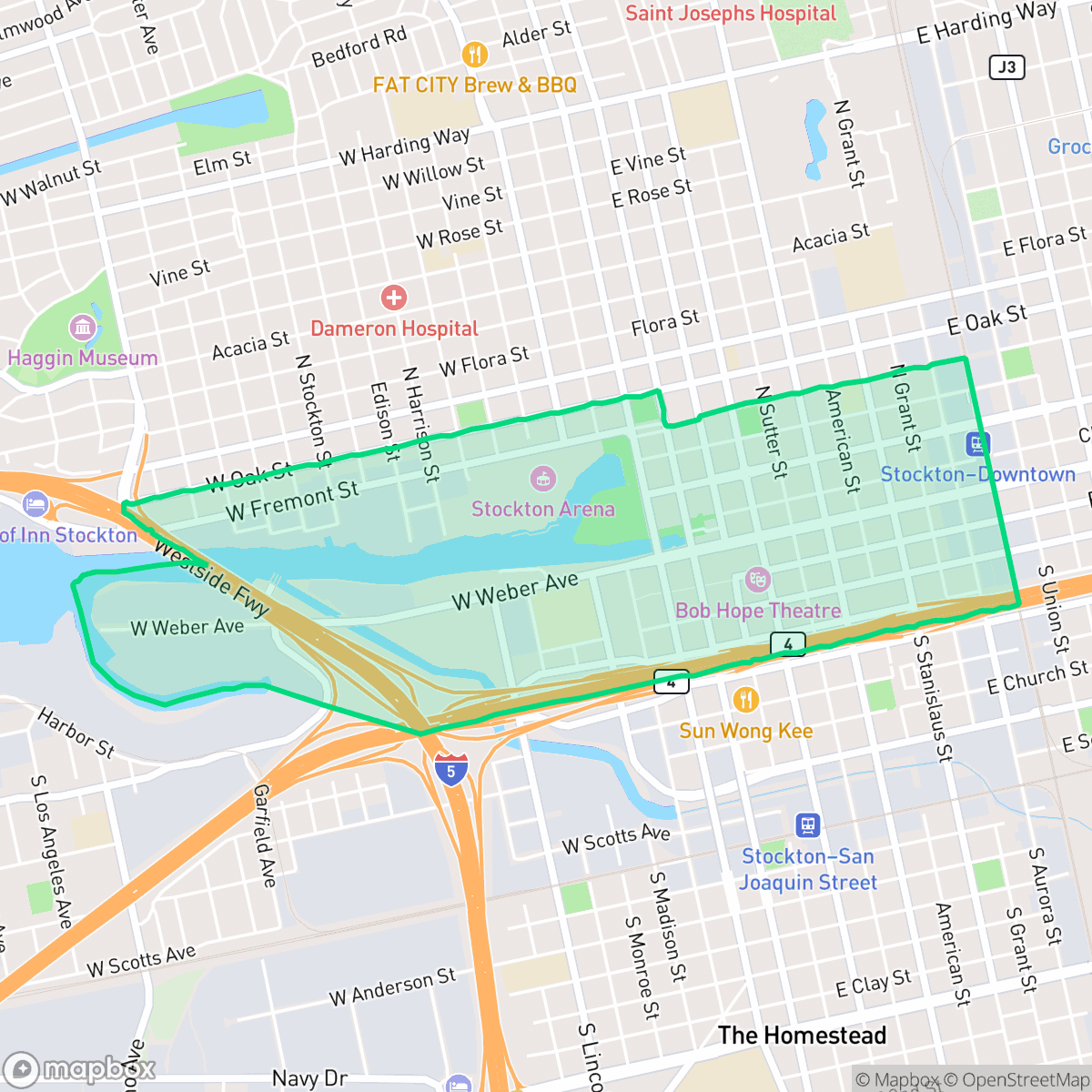 Map showing the location of Downtown, Stockton, CA