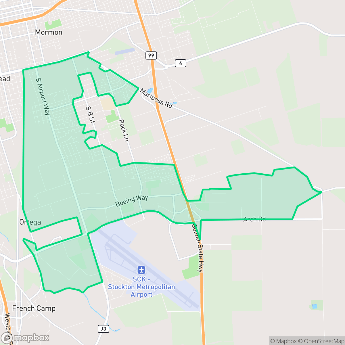 Map showing the location of Stockton Metropolitan Airport, Stockton, CA
