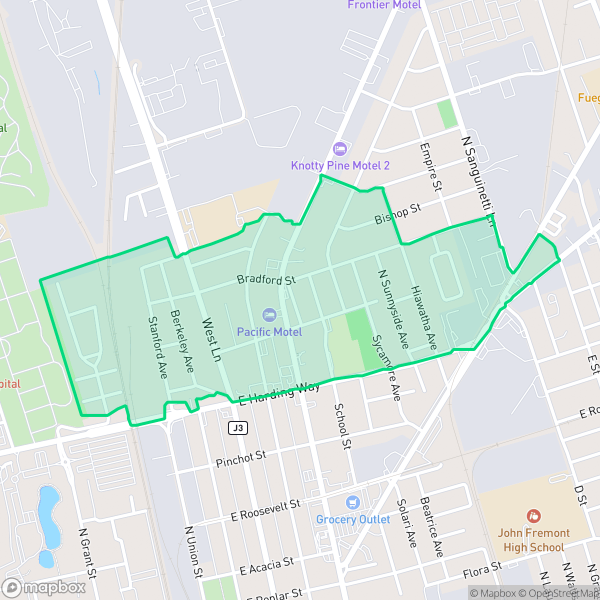 Map showing the location of Wilson Heights, Stockton, CA