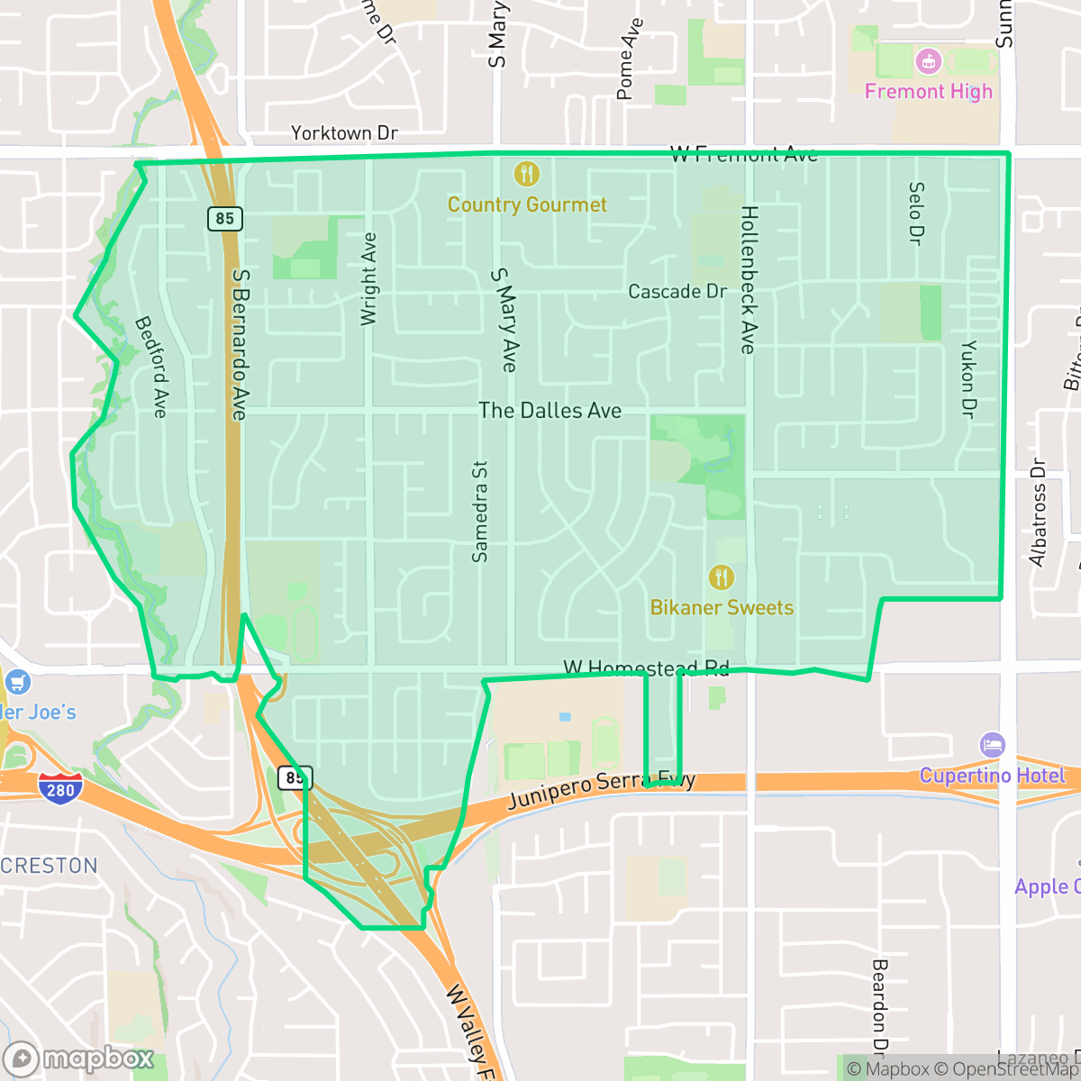 Map showing the location of Serra, Sunnyvale, CA