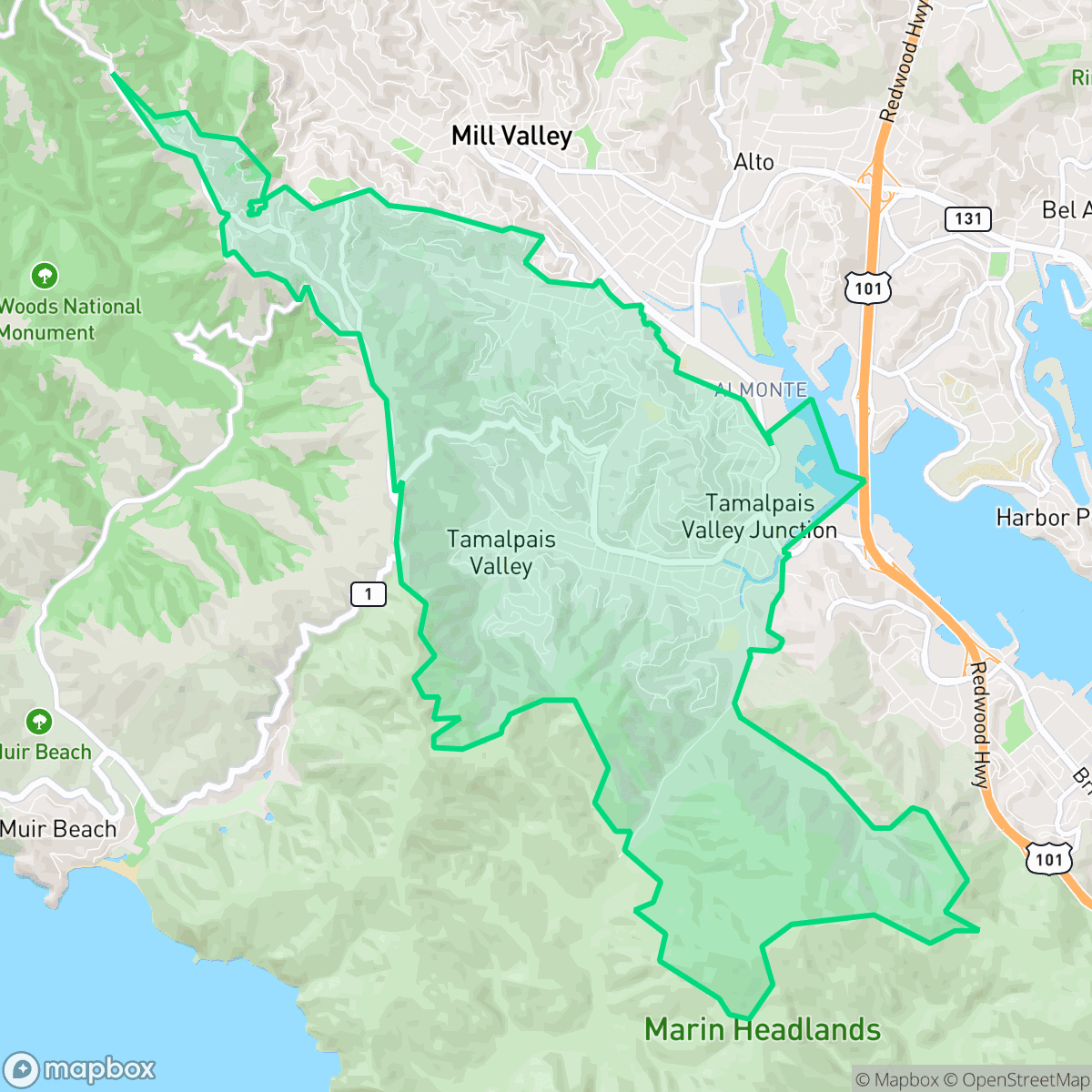 Map showing the location of Tamalpais-Homestead Valley, CA — coverage area
