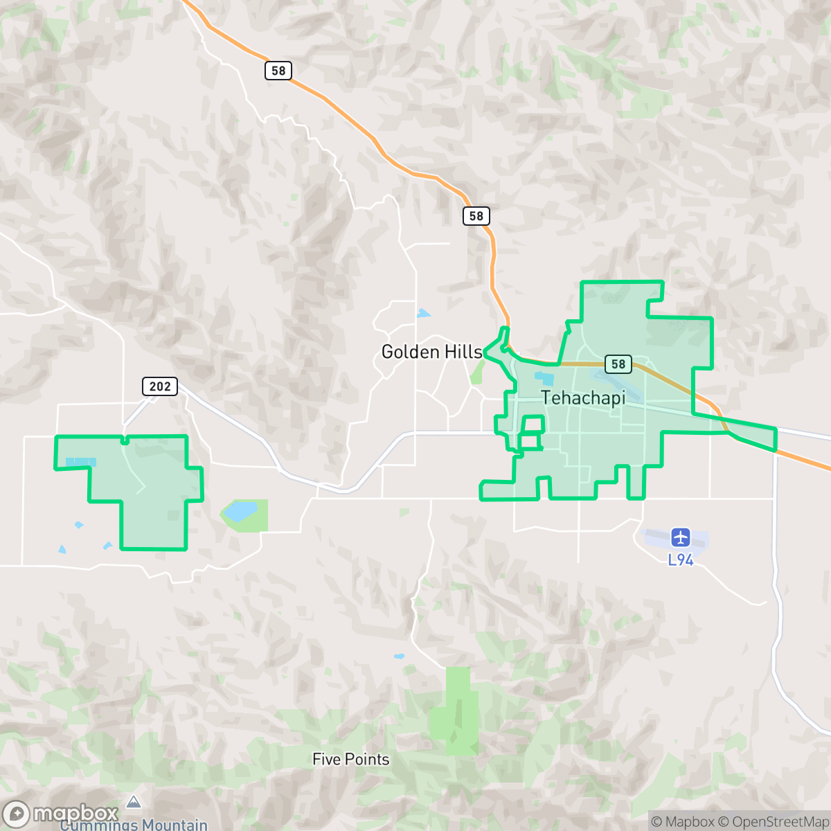 Map showing the location of Tehachapi, CA — coverage area