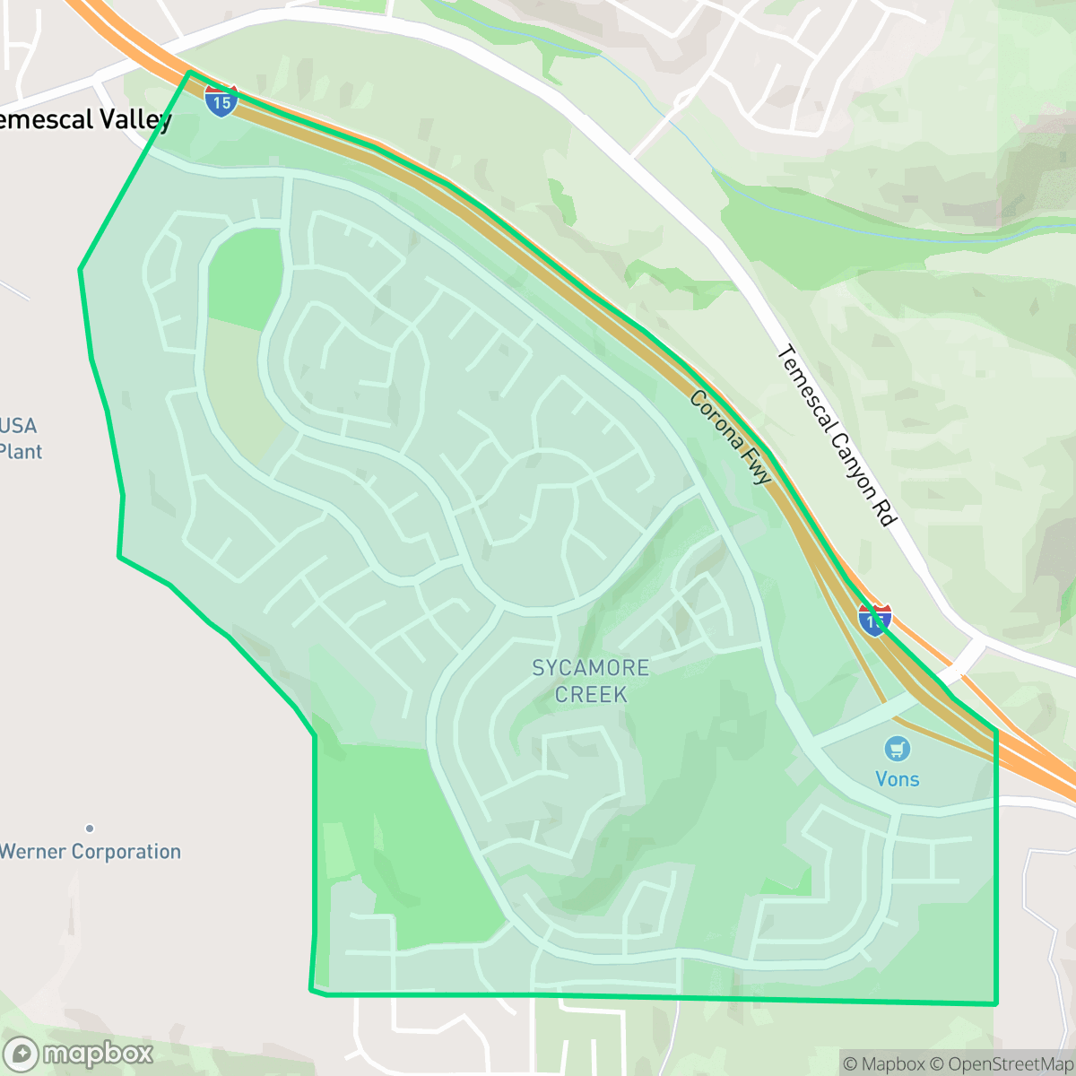 Map showing the location of Sycamore Creek, Temescal Valley, CA